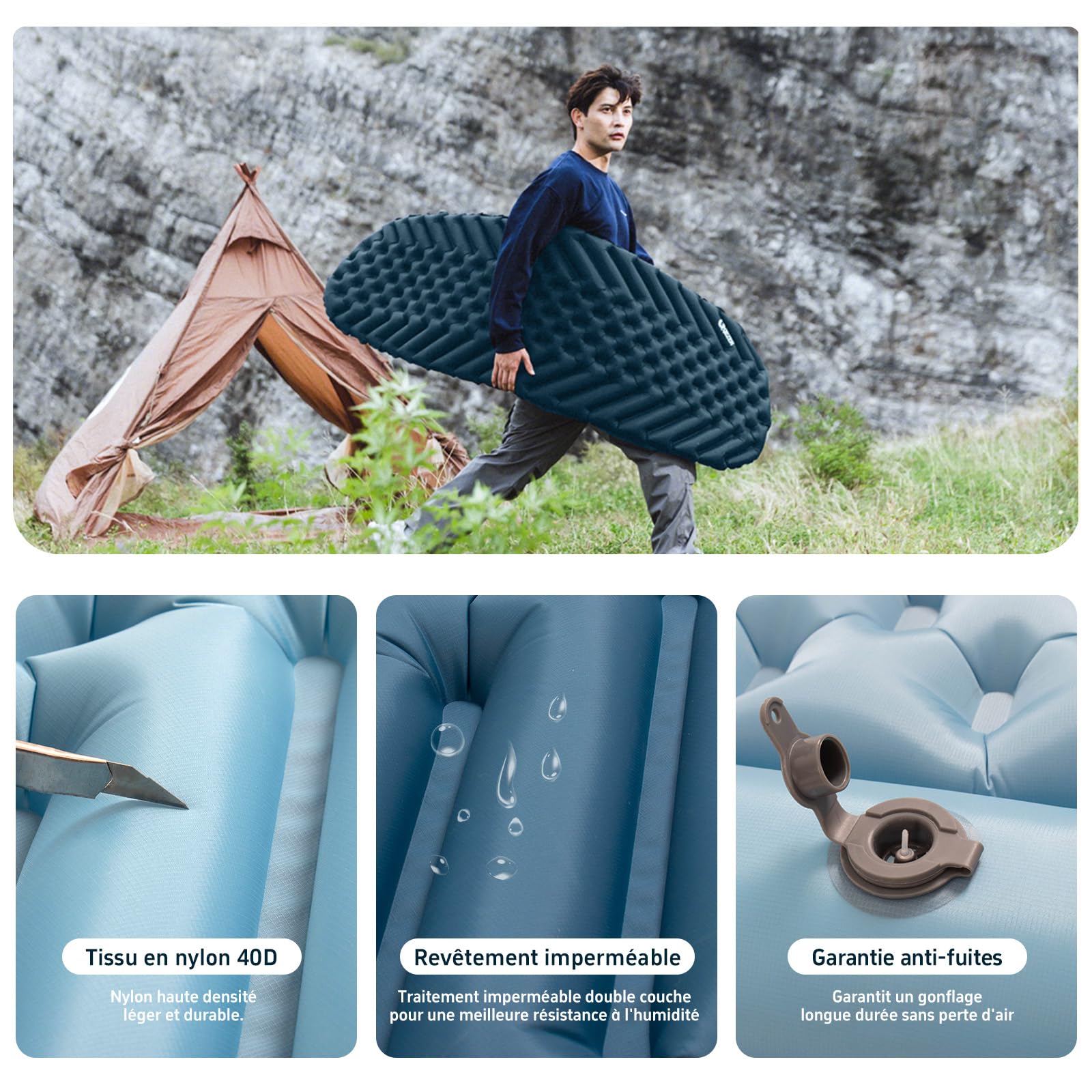 Matelas Gonflable ultraléger (avec Oreiller) Matelas Gonflable Portable pour la Plage, Le Camping et la randonnée