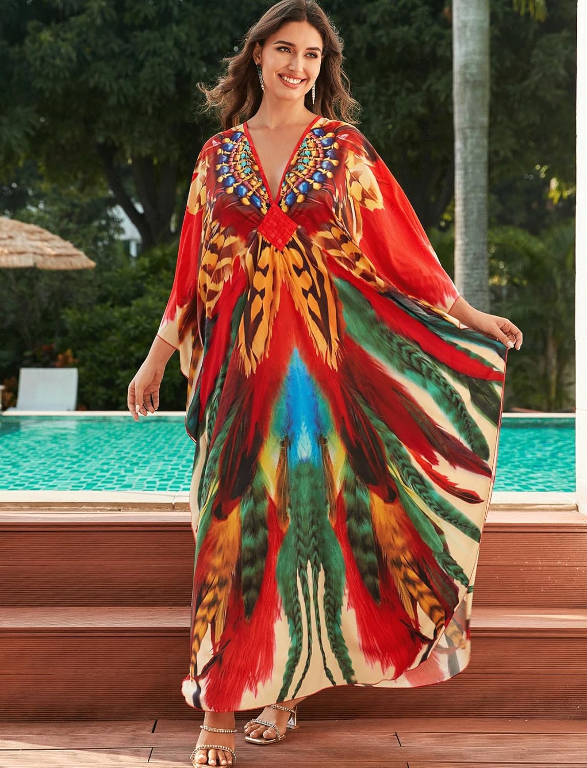 Kaftan Dresses for Women Plus Size Batwing Sleeve Caftans Long Bathing Suit Cover Up Maxi Beach Dress Loungewear - Image 4