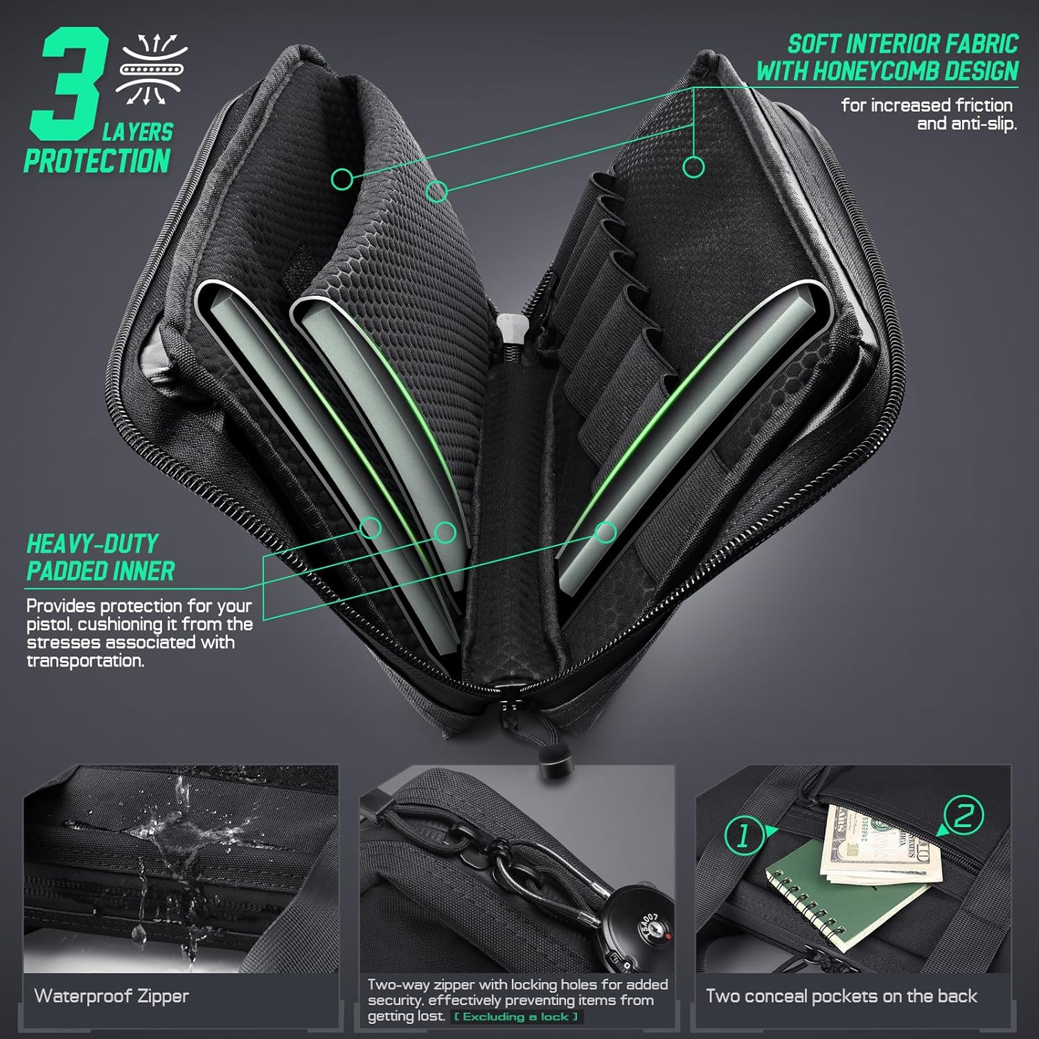 LIVANS Tactical Pistol Gun Case Bag for Handguns, Gun Range Bag Hand Gun Case for Pistols Soft Gun Carrying Case with Lockable Zipper Padded Firearm Case for Shooting Range - Image 3