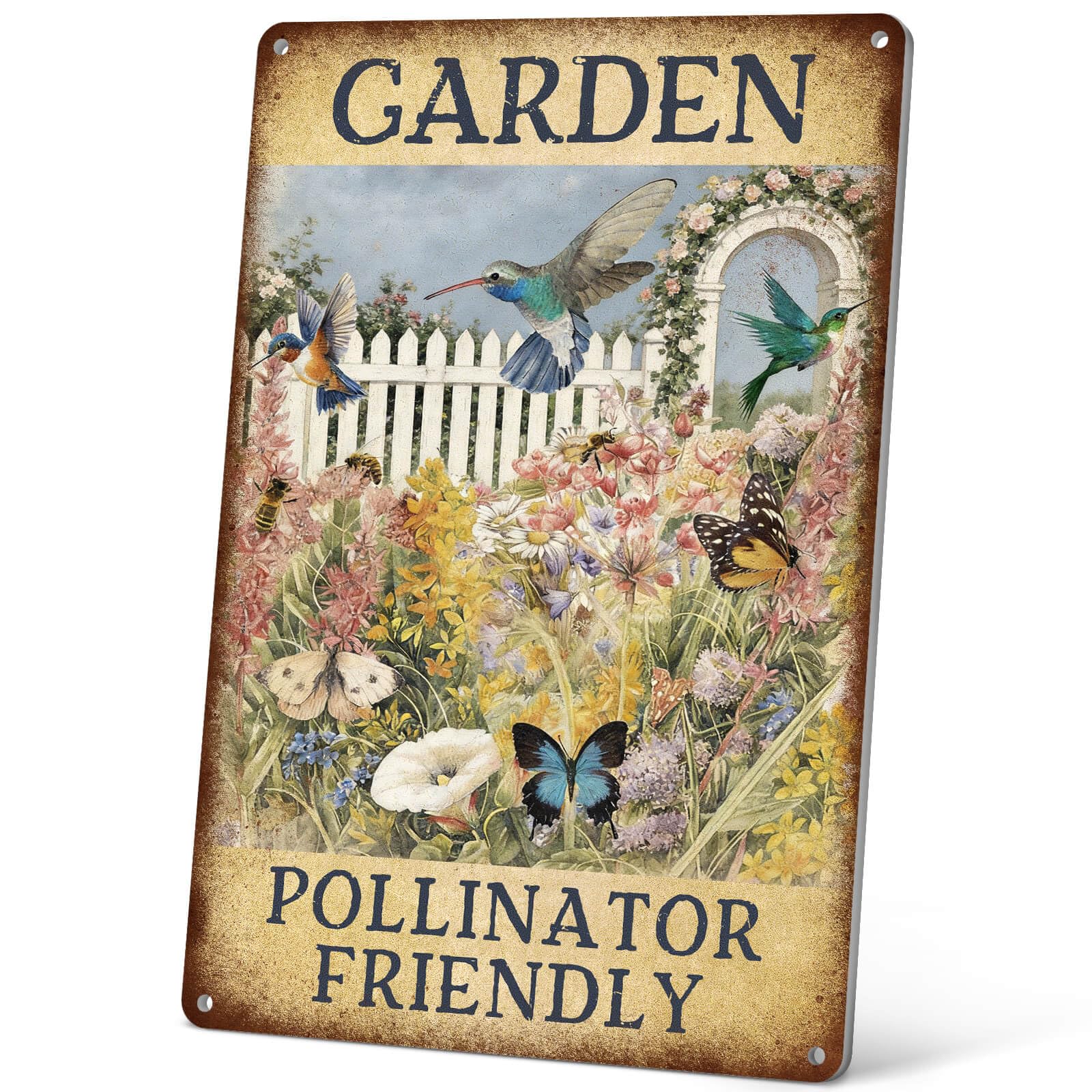 Vintage Metal Tin Sign Pollinator Garden For Outside - Hummingbird Decor Poster - Gardening Gifts For Gardeners Woman - Garden Decor 12x8 Inches Custom Private Property Signs Outdoor