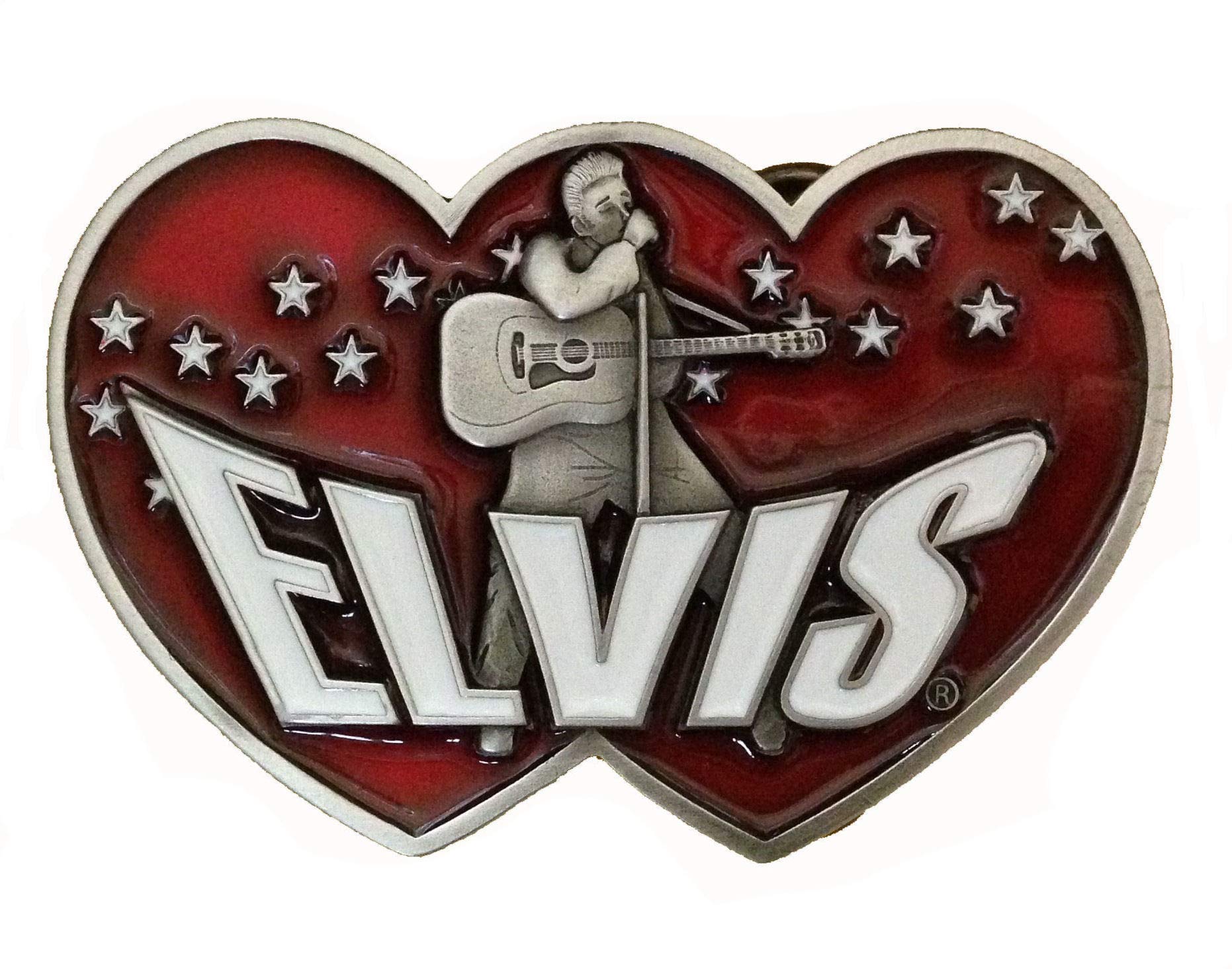 Officially Licensed Elvis Presley 'Double Heart' Belt Buckle - Dark Red