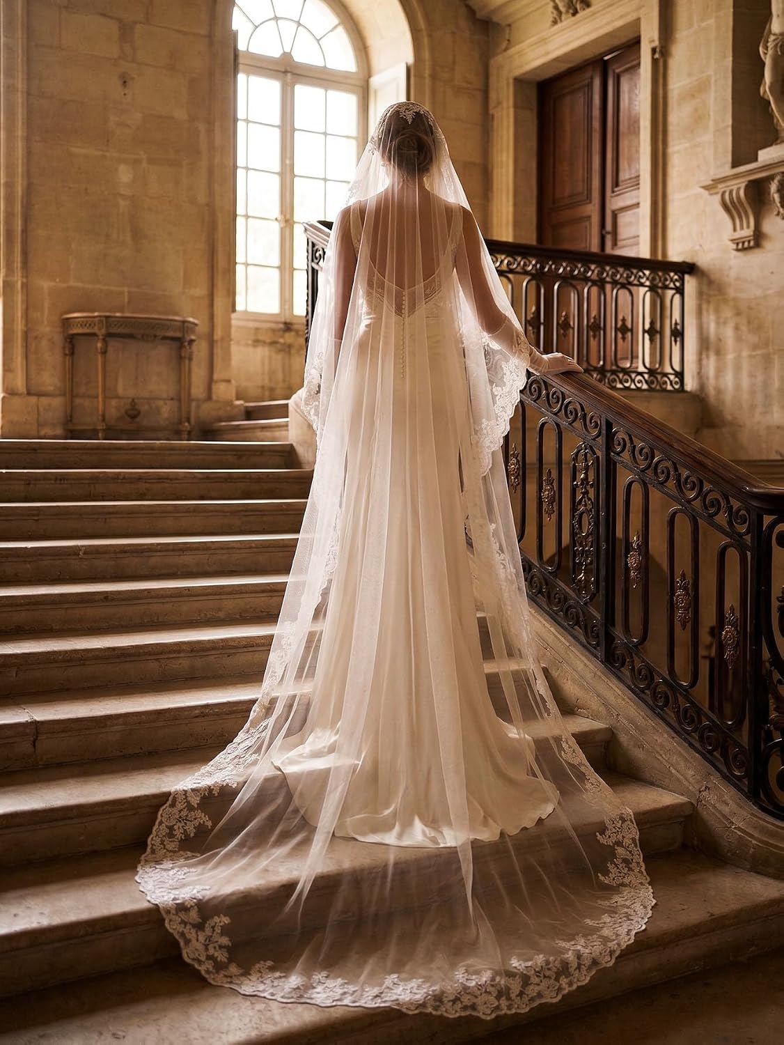 Mantilla Cathedral Wedding Veils Lace Applique Edge Bridal Veil with Comb