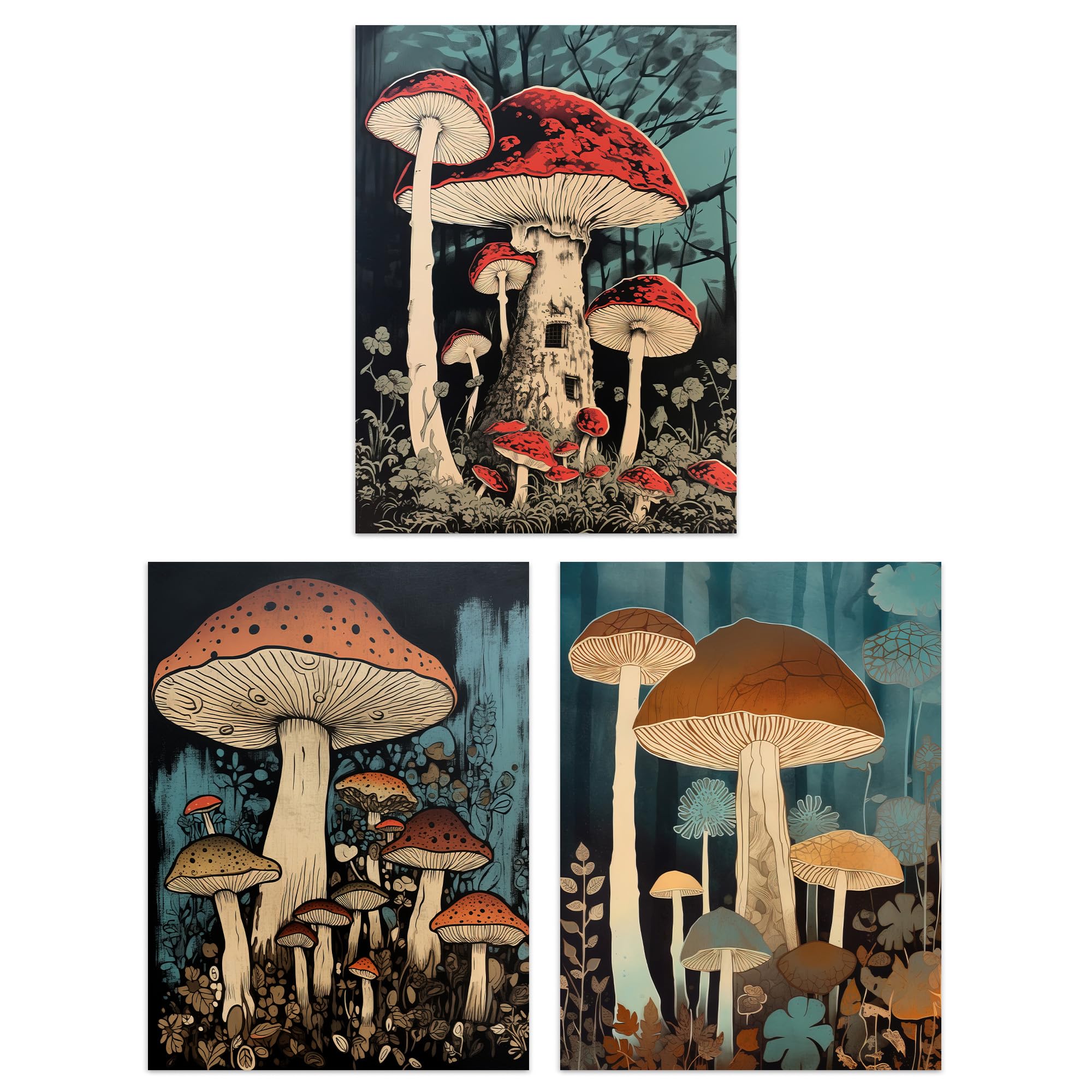 Artery8 Set of 3 A4 Cep Mushrooms Fungi Paintings Forest Floor Earthy Calming Tones Botanical Aesthetic Unframed Wall Art Living Room Poster Prints Pack