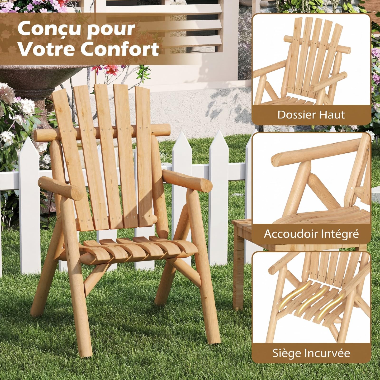 COSTWAY Chaise de Jardin en Bois Massif, Fauteuil Adirondack, Dossier Haut à Lattes, Assise Incurvée, Accoudoirs, Chaise Extérieur pour Terrasse Balcon Piscine, Charge 150 kg, 67x81x107 cm (Naturel)
