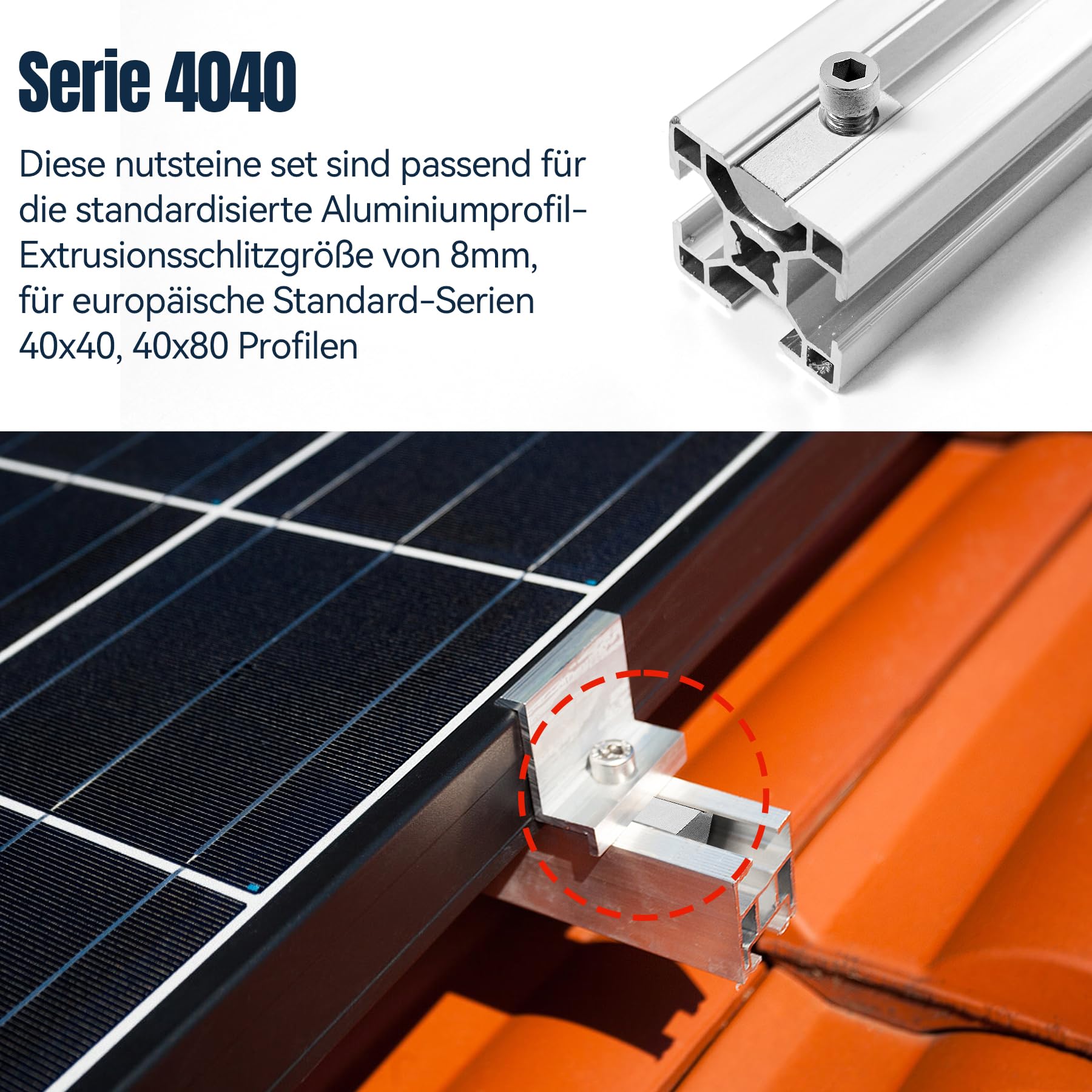 30 pietre scanalate con scanalatura a sfera 8, serie 40 Nutenstein M8, filettatura con ponte di centraggio, dado scorrevole in acciaio al carbonio con sfera a molla T (serie 40, M8)