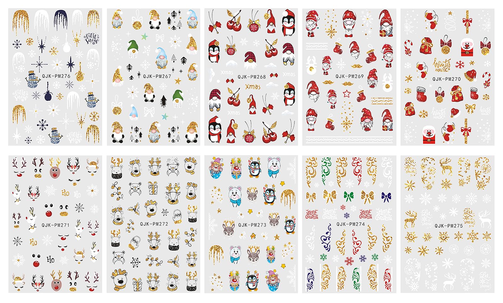 JMEOWIO Weihnachts-Nagelsticker - 10 Blätter Mit Glitzer, Schneeflocken & Gold-Designs Für DIY Nail Art (selbstklebend)