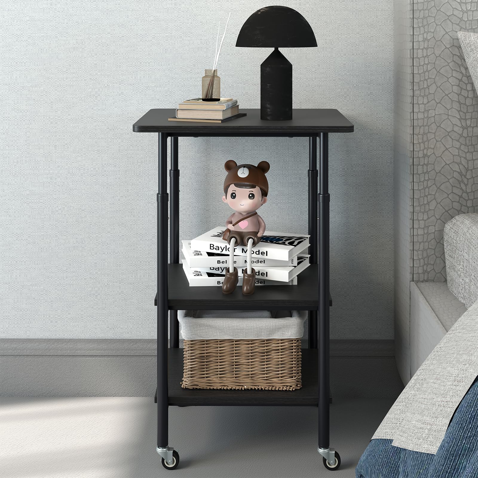 GIANTEX Soporte de Impresora con 4 Ruedas, Mesa de 3 Niveles, Tablero con Altura Ajustable, Estructura de Metal, 49 x 40 x 65-77 cm, Carrito Auxiliar para Oficina, Salón, Dormitorio (Negro)