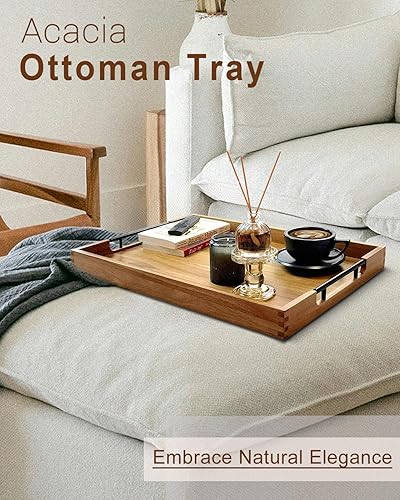 Miniatura 3 de Bandeja de madera de acacia de 22 pulgadas con asas de metal, bandeja otomana rectangular grande de madera, diseño decorativo y duradero para sala