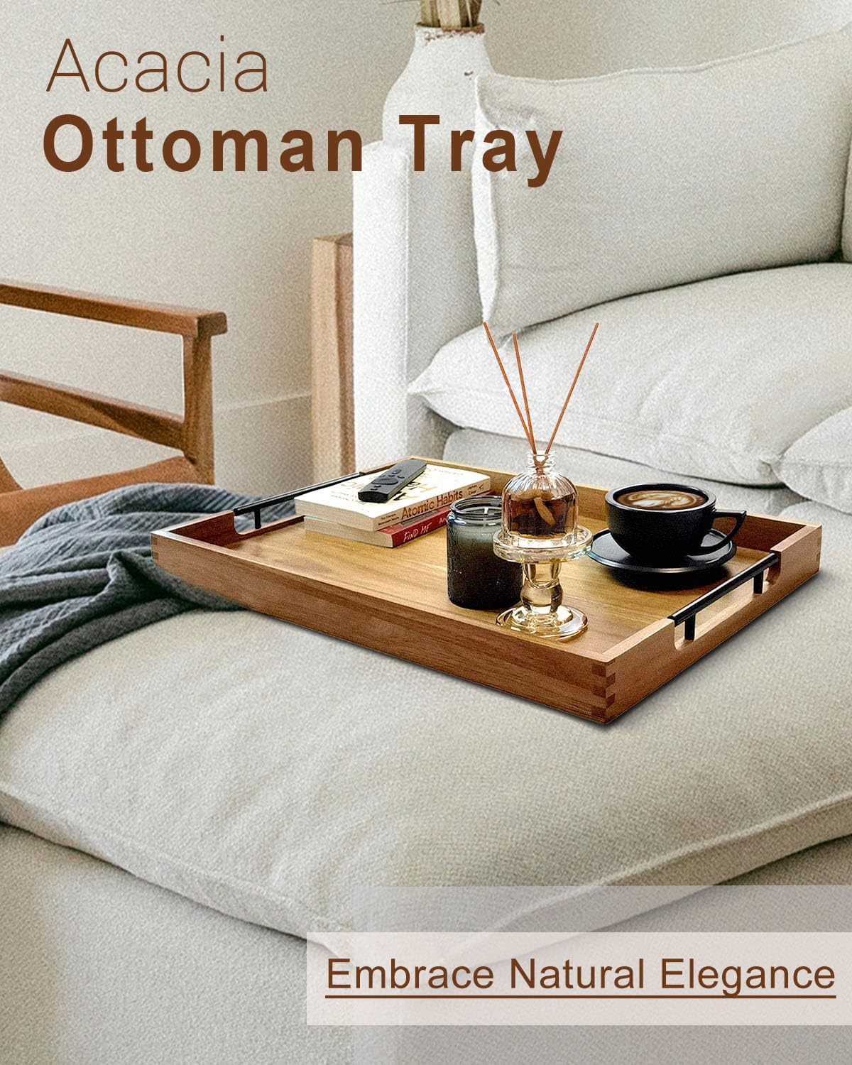 Plateau de service ottoman rectangulaire en bois d'acacia de 55,9 cm avec poignées en métal, grand plateau en bois rectangulaire, design décoratif et durable pour salon, table basse, canapé