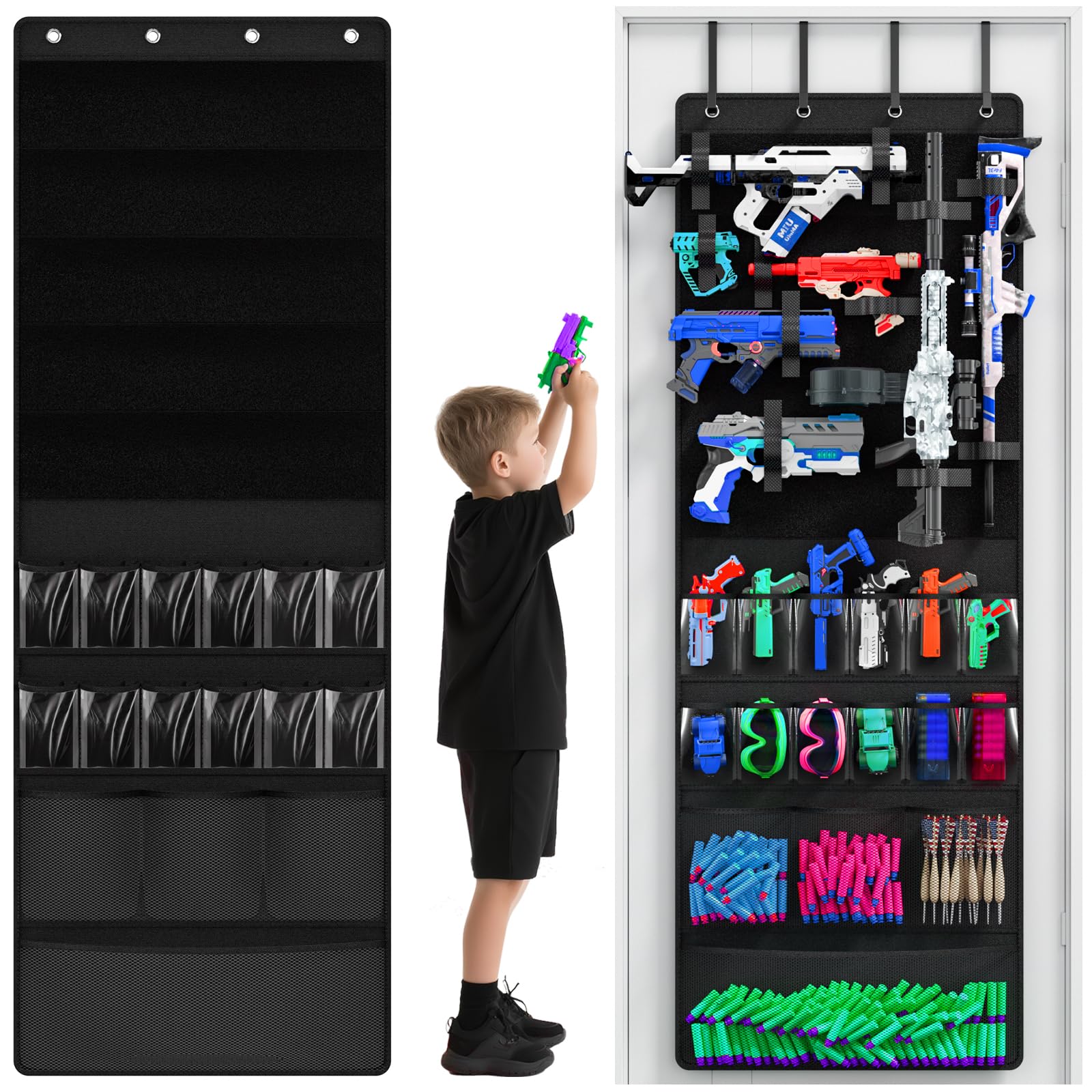Mefirt Über-der-Tür-Organizer für Spielzeugpistolen, Aufbewahrungstasche mit Fächern & Klettbändern – für Schaumstoff-Blaster