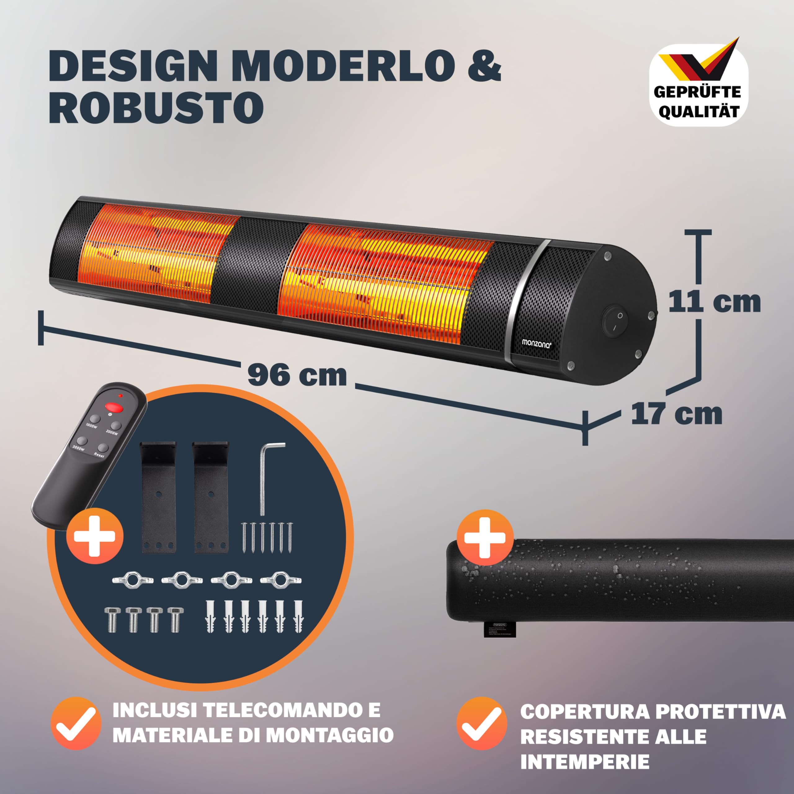 MONZANA® Stufa Elettrica a Infrarossi 3 Livelli di Calore 3000W Inclinabile 90° Telecomando App Riscaldamento Esterno