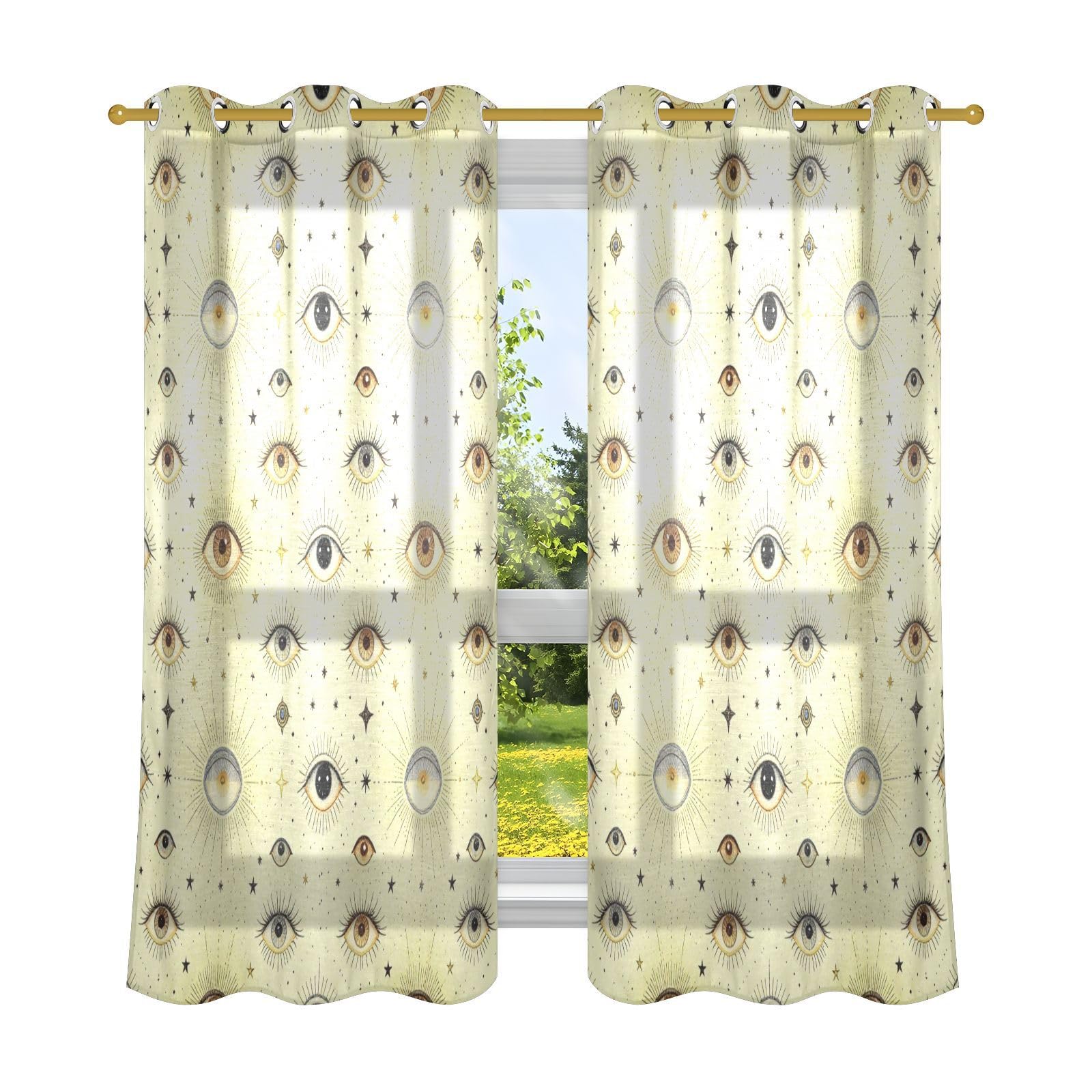 Tende decorative in lino con occhio malocchio, stile bohémien, 160 cm di lunghezza e tende, set di 2 pannelli