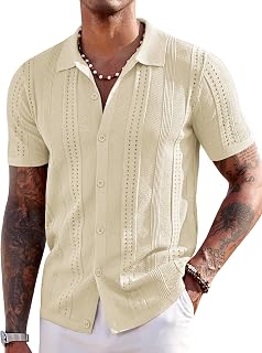 COOFANDY Men's Knit Shirts Short Sleeve Button Down Polo Shirt Summer Beach