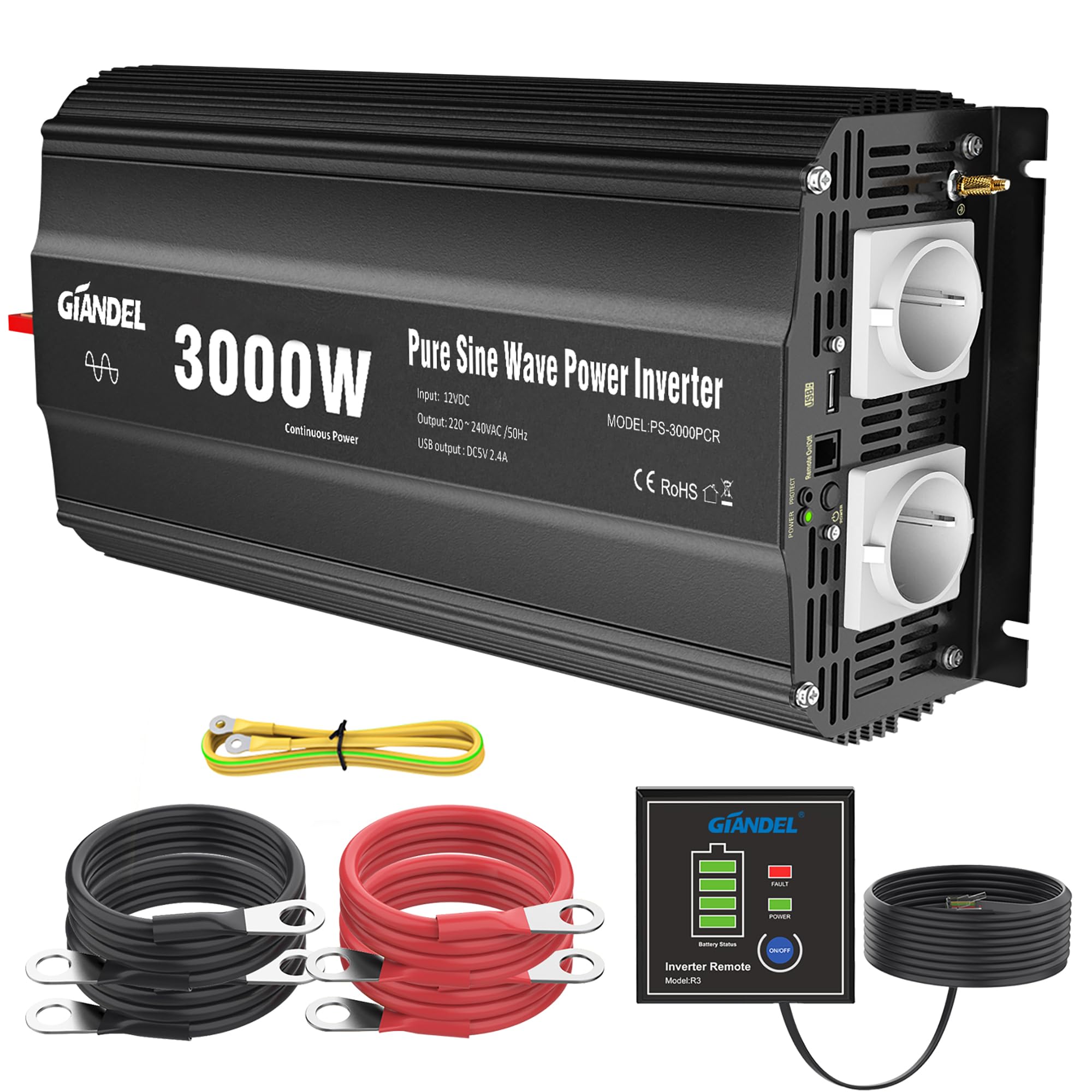GIANDEL 3000W Wechselrichter 12V auf 230V Reiner Sinus Spannungswandler Kompatibel mit LiFePO4 Power Inverter mit Fernbedienung und USB Anschlüsse für Wohnmobil LKW Wohnwagen Camping