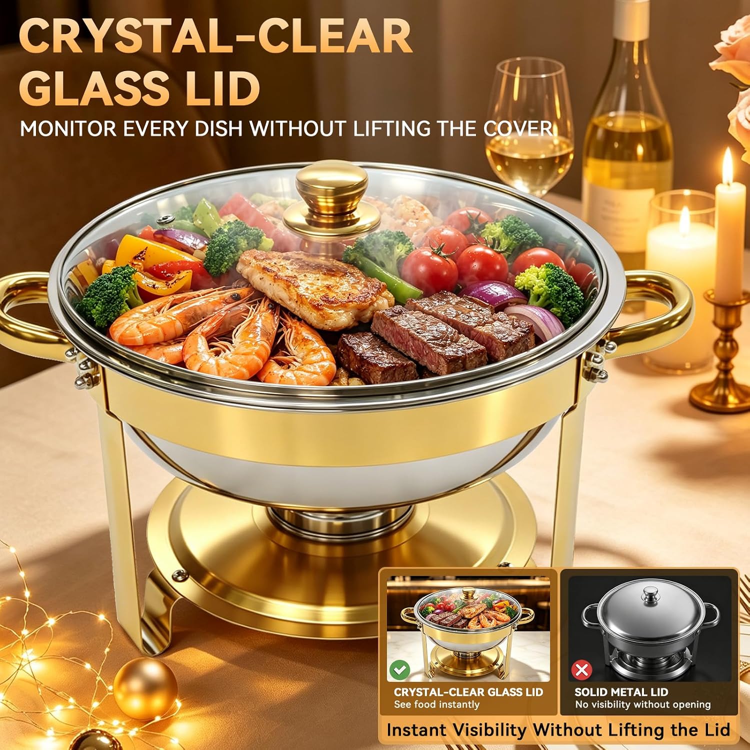 4 Pack Round Large Chafing Dishes for Buffet with Clear Glass Lids, 6QT