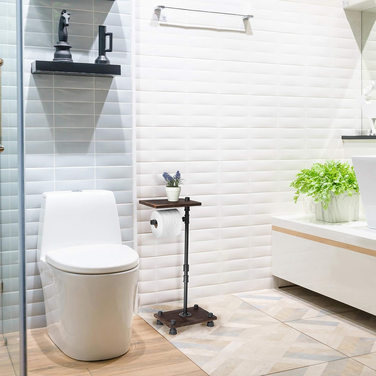 60% оƒƒ Dіѕсоunt MyGift Standing Industrial Pipe Black Metal and Rustic Wood Toilet Paper Roll Holder Stand with Wooden Shelf