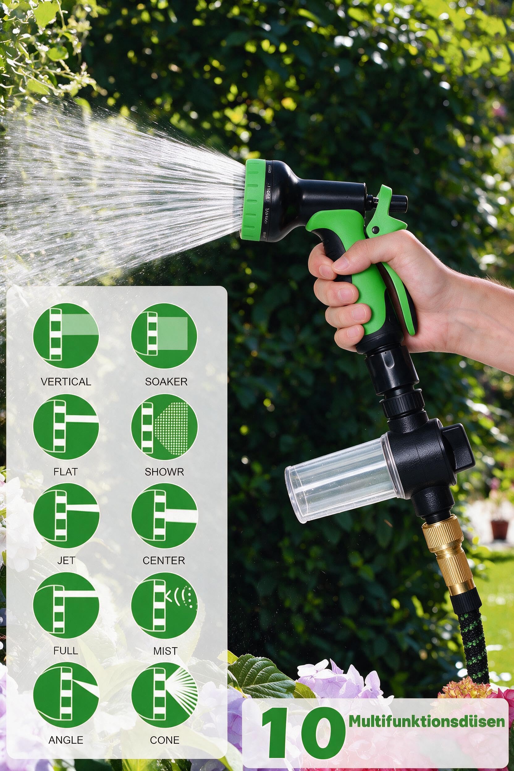 Gartenschlauch flexibel mit Additivflasche, hochdruckpistole für gartenschlauch mit 10 Funktionsdüse, Langlebiger 3-Schicht-Latexkern, Stoff 3750D, with3/4 & 1/2 Steckverbinder (30 m(100ft))