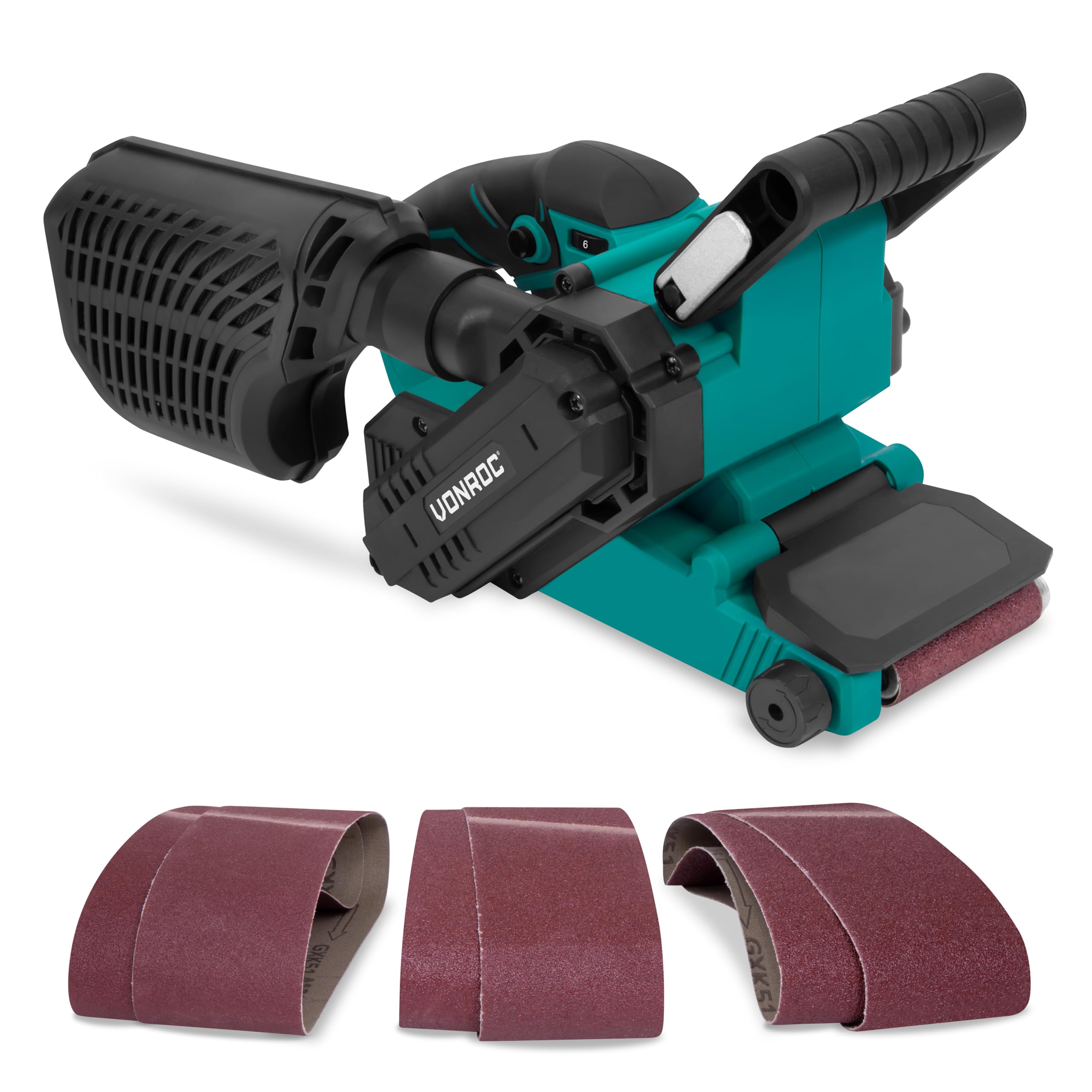 VONROC - Lijadora de banda de 710 W, incluye 6 bandas abrasivas, velocidad variable: 120-380 r/min, incluye una bandeja de recuperación de polvo resistente, apta para bandas abrasivas de 75 x 457 mm