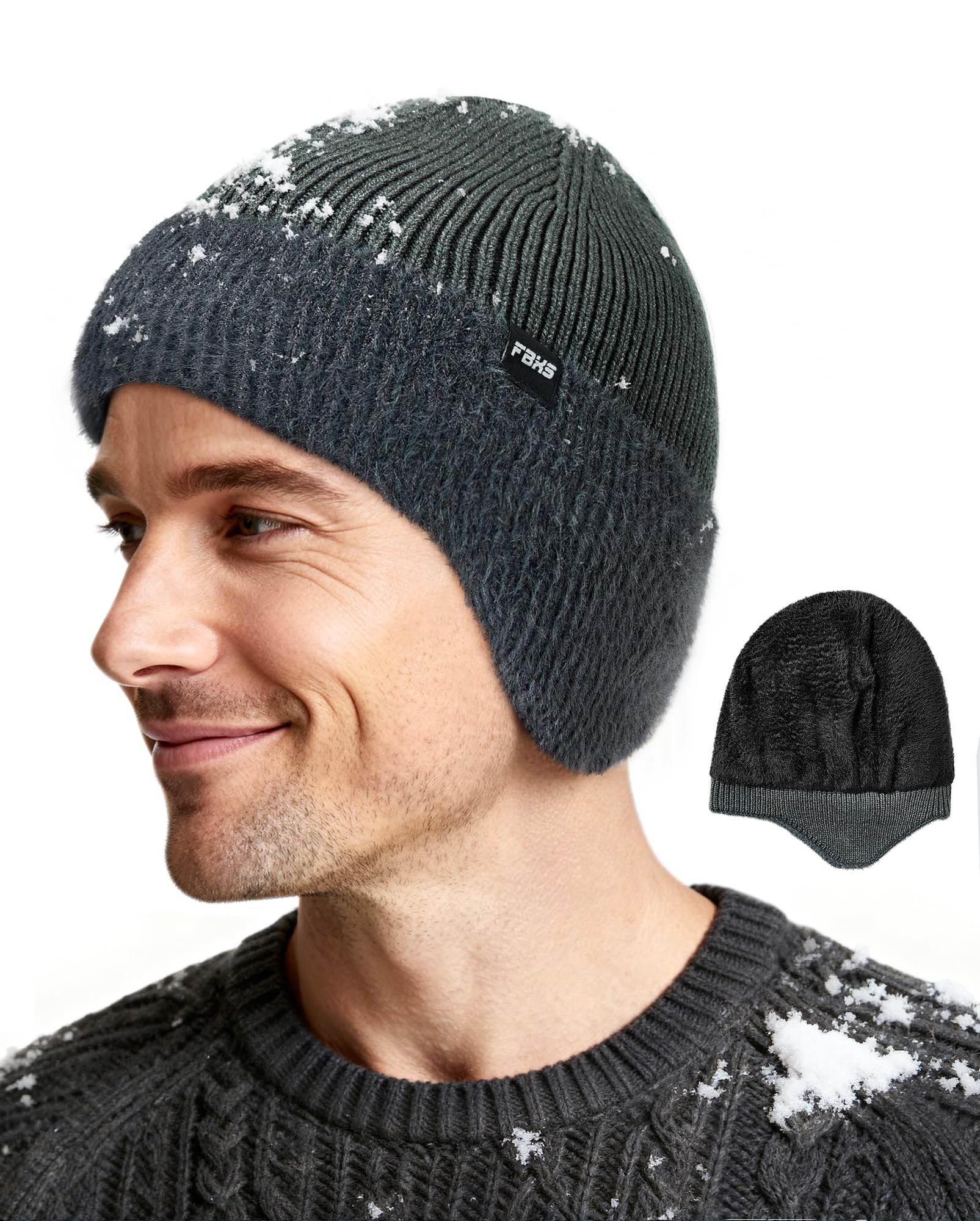 Zando Mens Winter Hat with Ear Flaps - Warm Thermal Fleece Lined Beanie, Stocking Caps, Knit Trapper Hats for Cold Weather