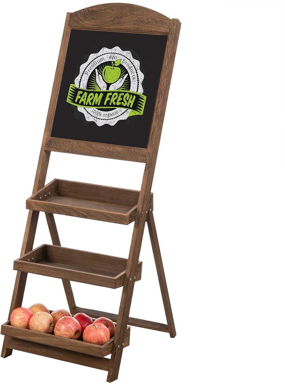 MyGift Rustic Burnt Wood Freestanding Chalkboard Easel with 3-Tiered Display Shelves, Decorative Chalkboard Plant Shelf Stand Rustic Burnt Brown