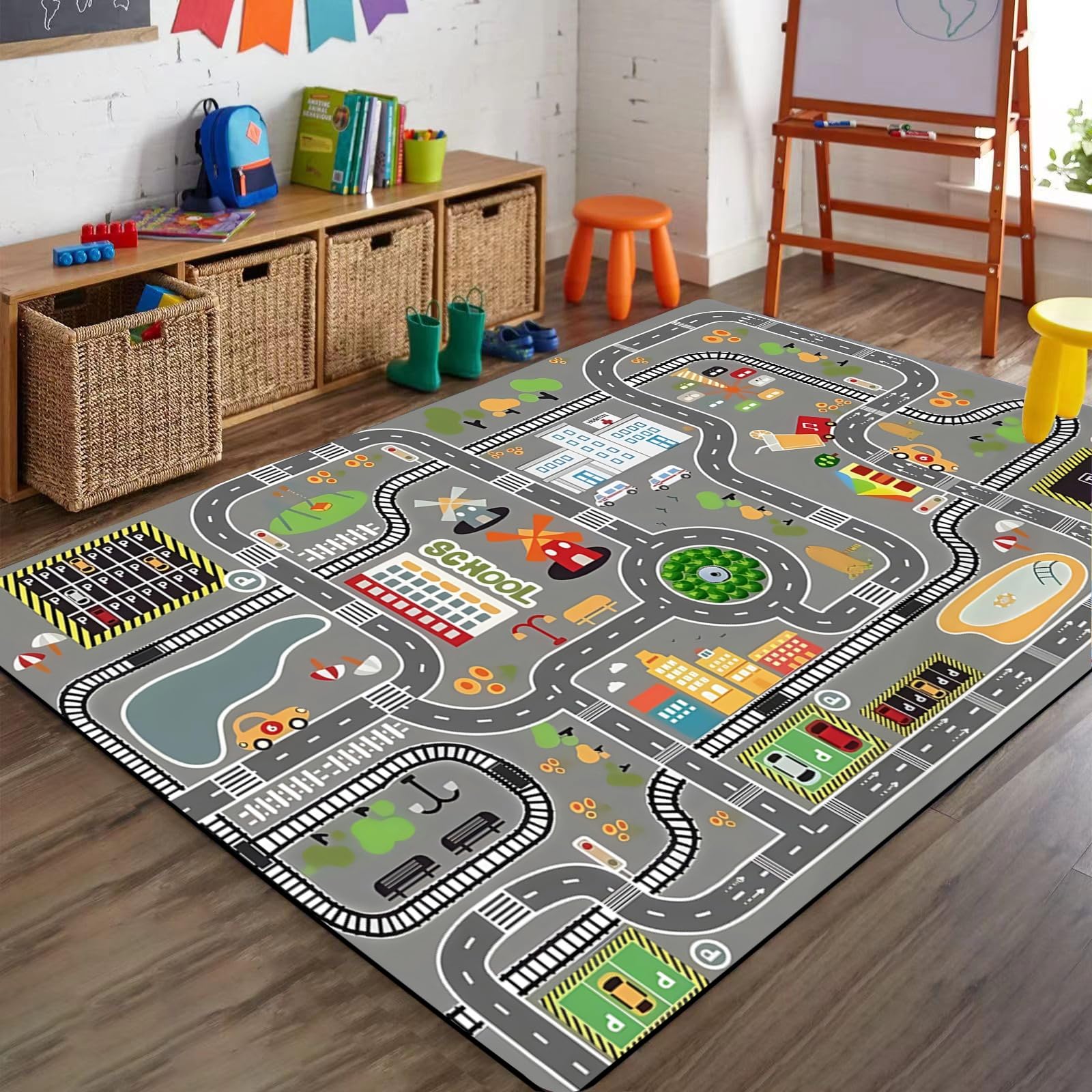 Bycmuoz City Life Traffic Playmat, 60x110cm, Car Road Map Rug for Kids, with Non Slip Backing Durable Shed Resistant Soft Rug, Dirty Resistant Washable Carpet for Kindergarten Dorm