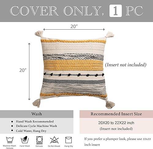 Miniatura 4 de Funda de almohada decorativa amarilla mostaza de 20 x 20 pulgadas, cuadrada, estilo bohemio, con borlas, cojín rural para sofá, dormitorio, sala de