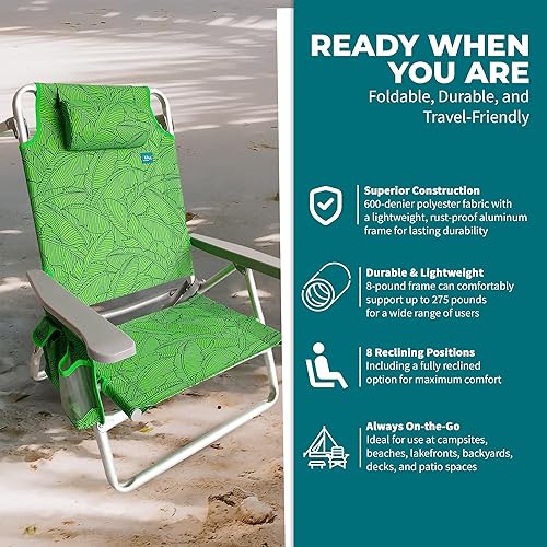 Vista 41 de Bliss Hammocks BBC-350-BF Silla de playa plegable, 5 posiciones reclinables, bolsa enfriadora desmontable, flor azul