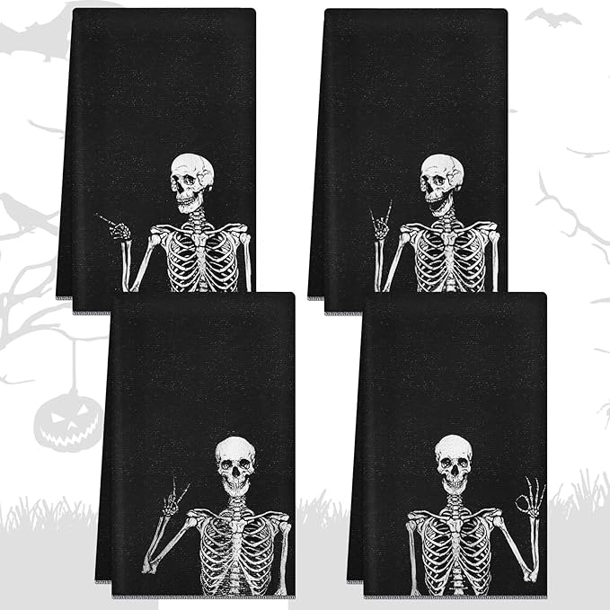 Kinlop 4 Pcs Halloween Kitchen Towels Decor Hand Dish Towels Halloween Skeleton Skull Rock and Roll Gothic Witchy Hippie Towel Gift Absorbent Drying Washcloth for Bathroom 24 x 16''