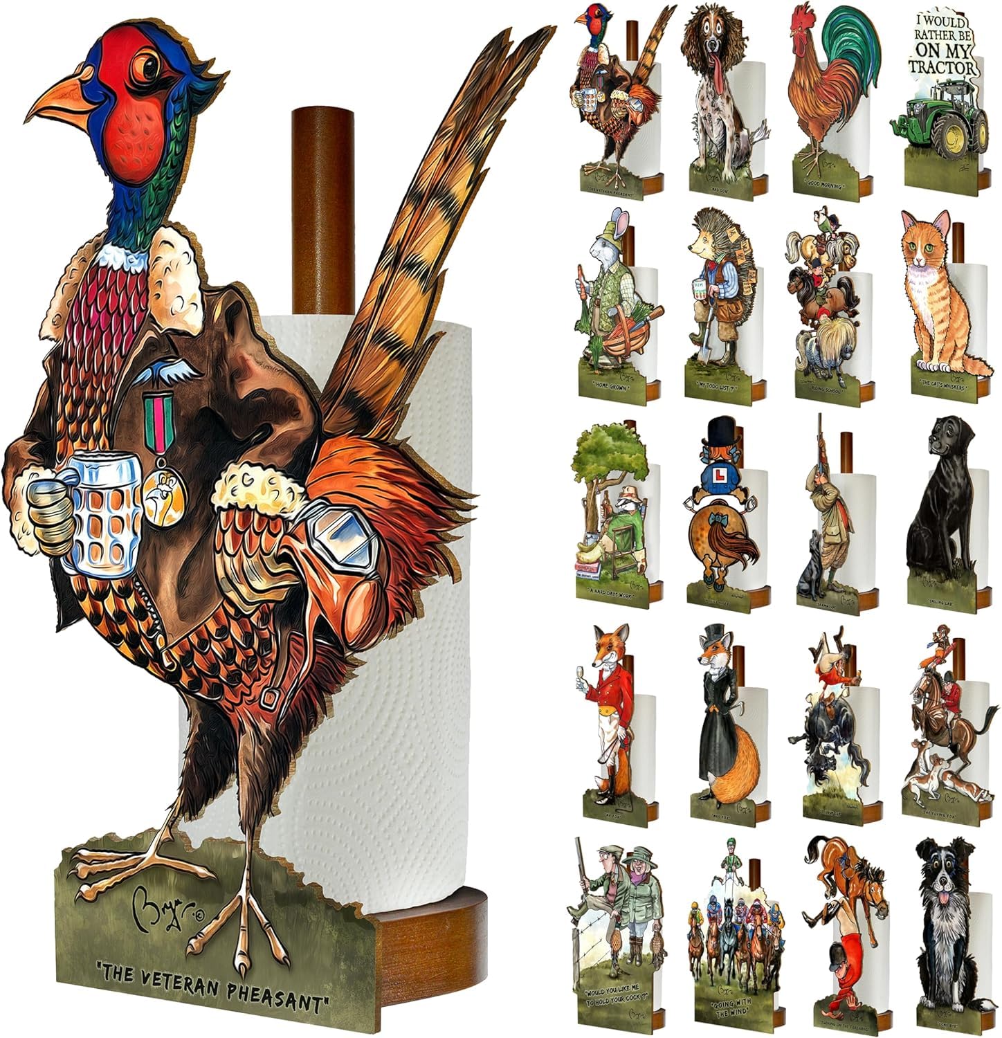 Looprints The Veteran Pheasant Fun Toilet Roll Storage & Kitchen Towel Holder Wooden Stand | Country Kitchen & Bathroom Decor & Accessories | Bryn Parry Pheasant. A Great Decor & Gift Idea For Shooting Season Enthusiasts,