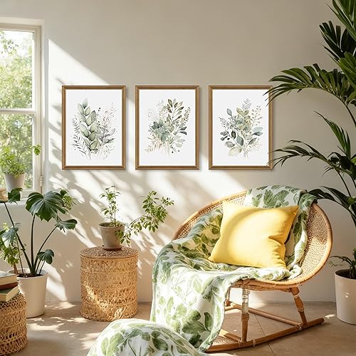 Miniatura 3 de WRFON Juego de 3 arte botánico de acuarela para pared, diseño bohemio de flores silvestres verde salvia, arte de pared con estampado floral moderno