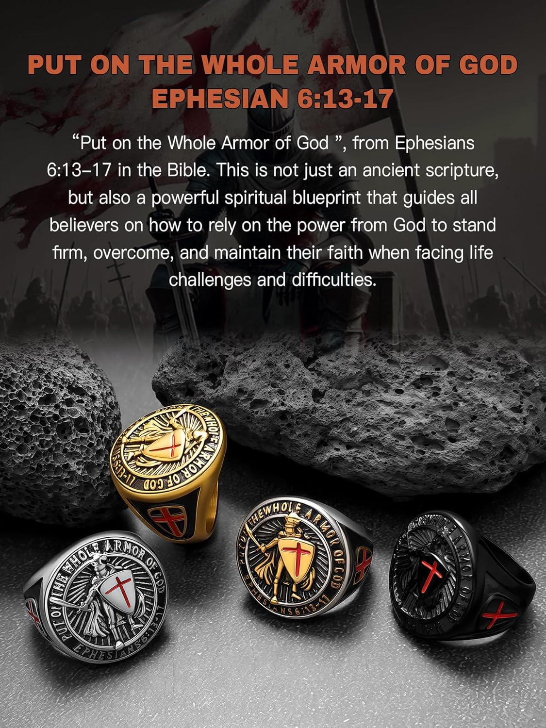 Christian Ring Knights Templar Put On The Whole Armor Of God Ephesians 6:13-17 Red Cross Design Men's Religious Catholic Ring,Biker Punk Cocktail Party 316L Stainless Steel Rings For Men Gift