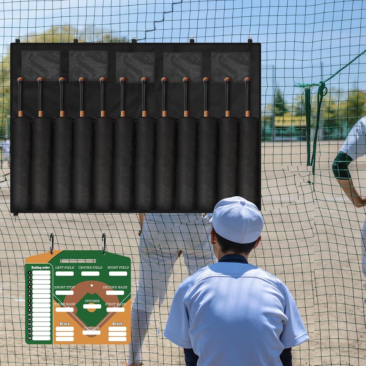 Baseball Dugout Organizer Dugout Equipment Includes Hanging Baseball Helmet Bag 12 Bats Hanging Bat Bag Magnetic Lineup Board, Serving for 15 Players Helmets Name Tags Gloves Roster Lineup