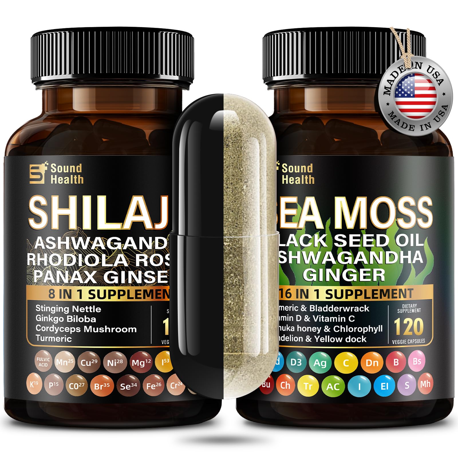Wild Organic Irish Sea Moss and Shilajit - 8000mg Sea Moss, 10000mg Shilajit, Ashwagandha 2000mg, Ginseng, Vitamin C, Vitamin D3, Black Seed Oil - 2 Bottles of 120 Capsules