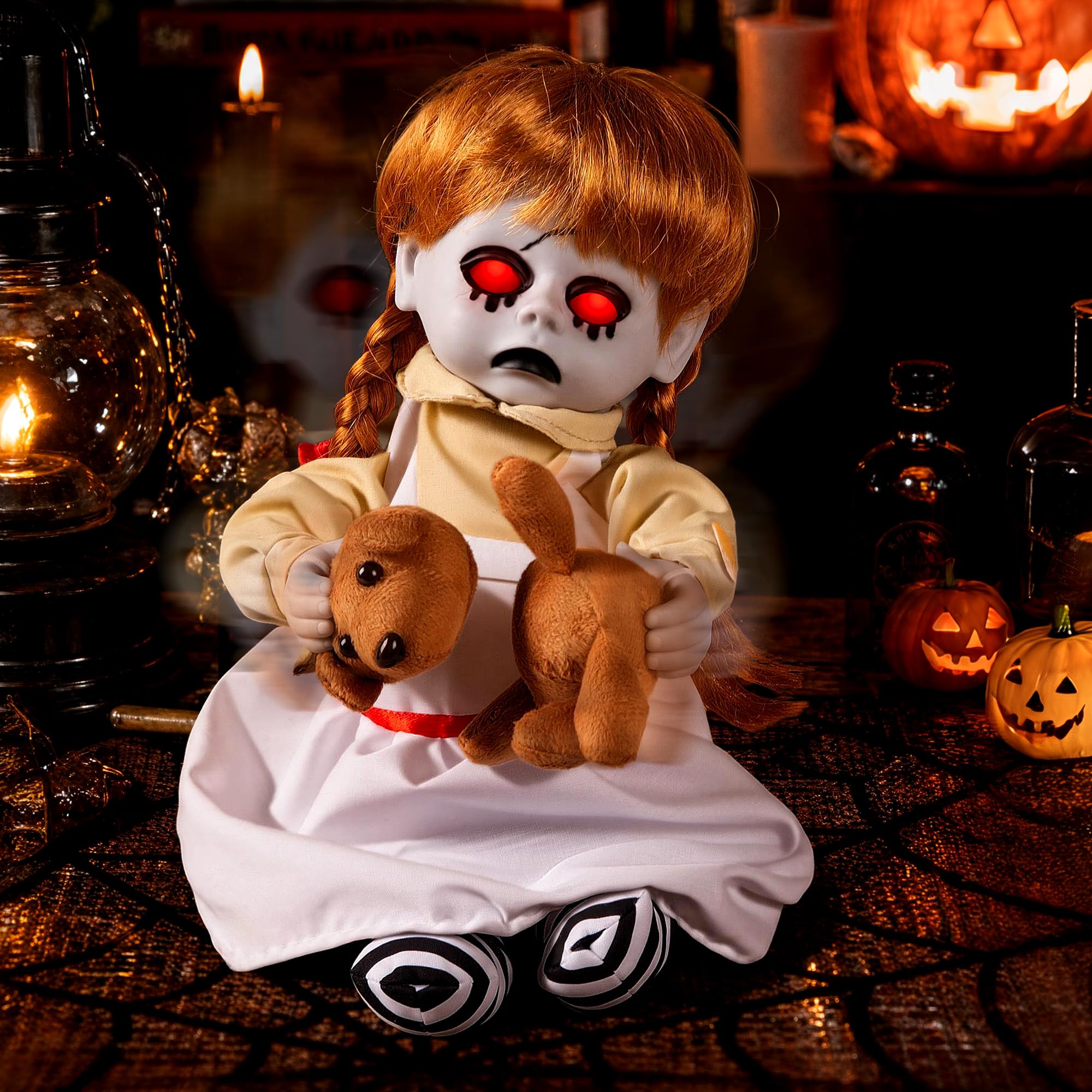 NEXIHOO Halloween Animatronic Haunted Talking Doll 10 Inch, Sound Activated Spooky Sound with Light-Up LED Eyes, Pulling Bear Motion, Halloween Decoration for Haunted House, Porch & Yard
