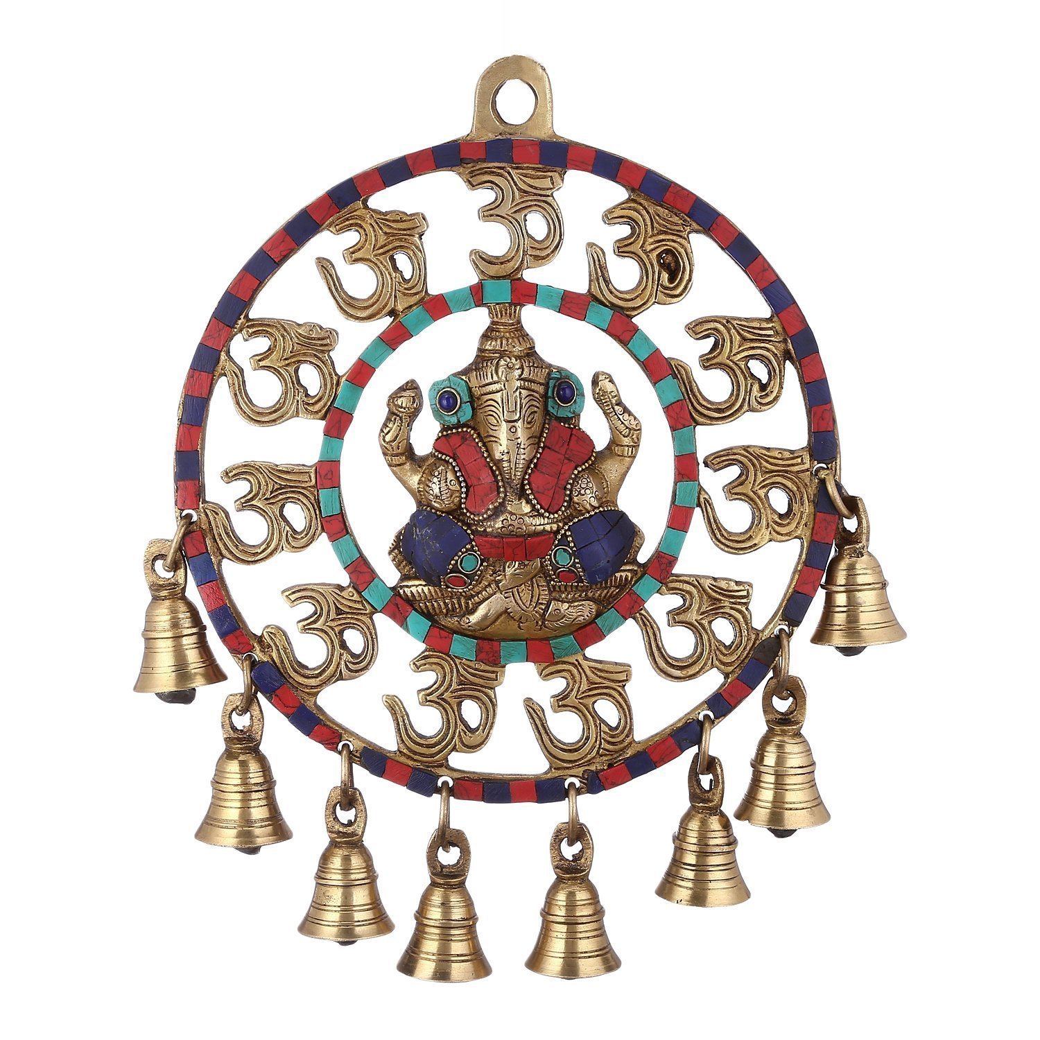Artvarko Brass Om Ganesha Bells Wall Hanging with Spectacular Gemstones