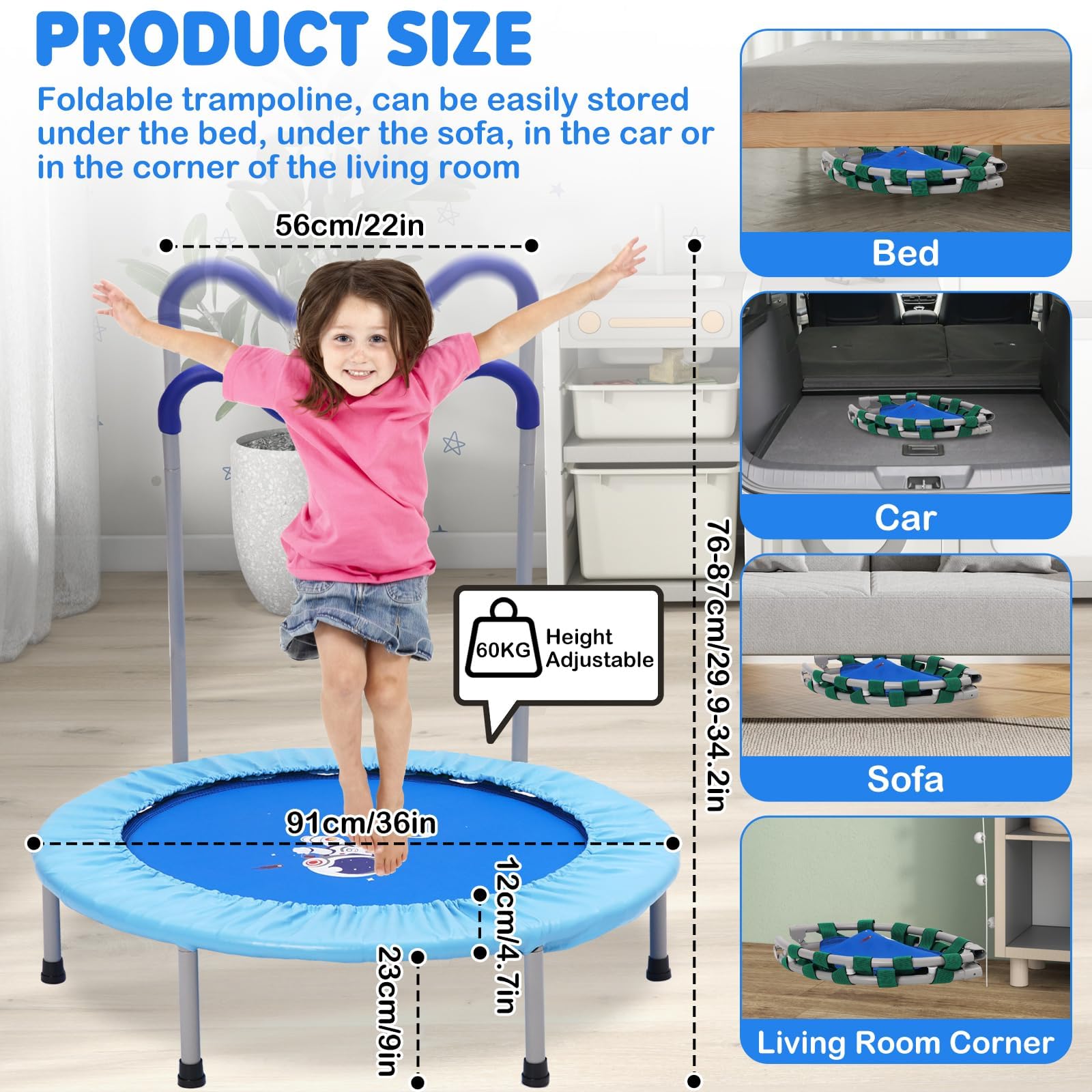 36" Trampolin Kinder mit Verstellbarer Abnehmbarer Griff und Sicherem Polster,bis 60 KG,Fitness Trampolin Faltbar,Indoor/Outdoor für Kinder von 3-6 Jahren,Blau