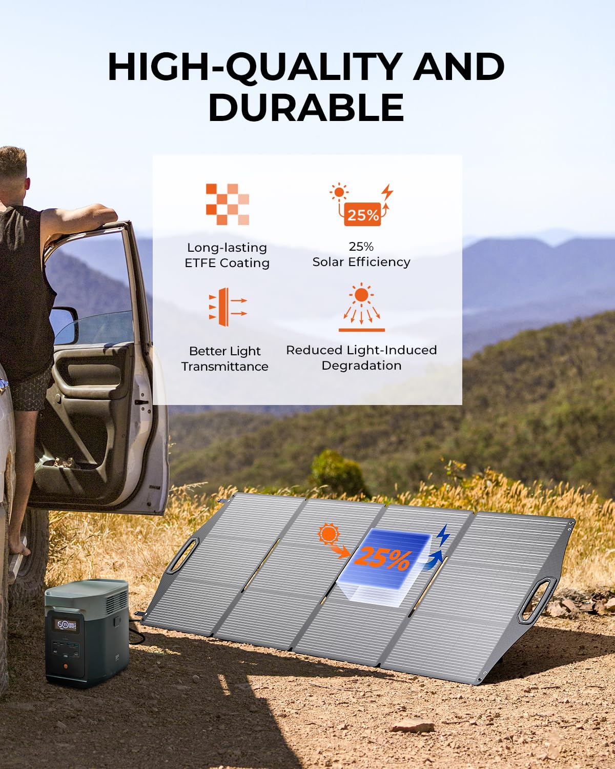 200W Solar Panel, BigBlue SolarPowa 200 Solar Panel Charger with Kickstand for Camping, IP68 Waterproof, Portable and Lightweight, 25% Solar Efficiency, DC5521/8020/7909/ XT60 Plug for Power Station
