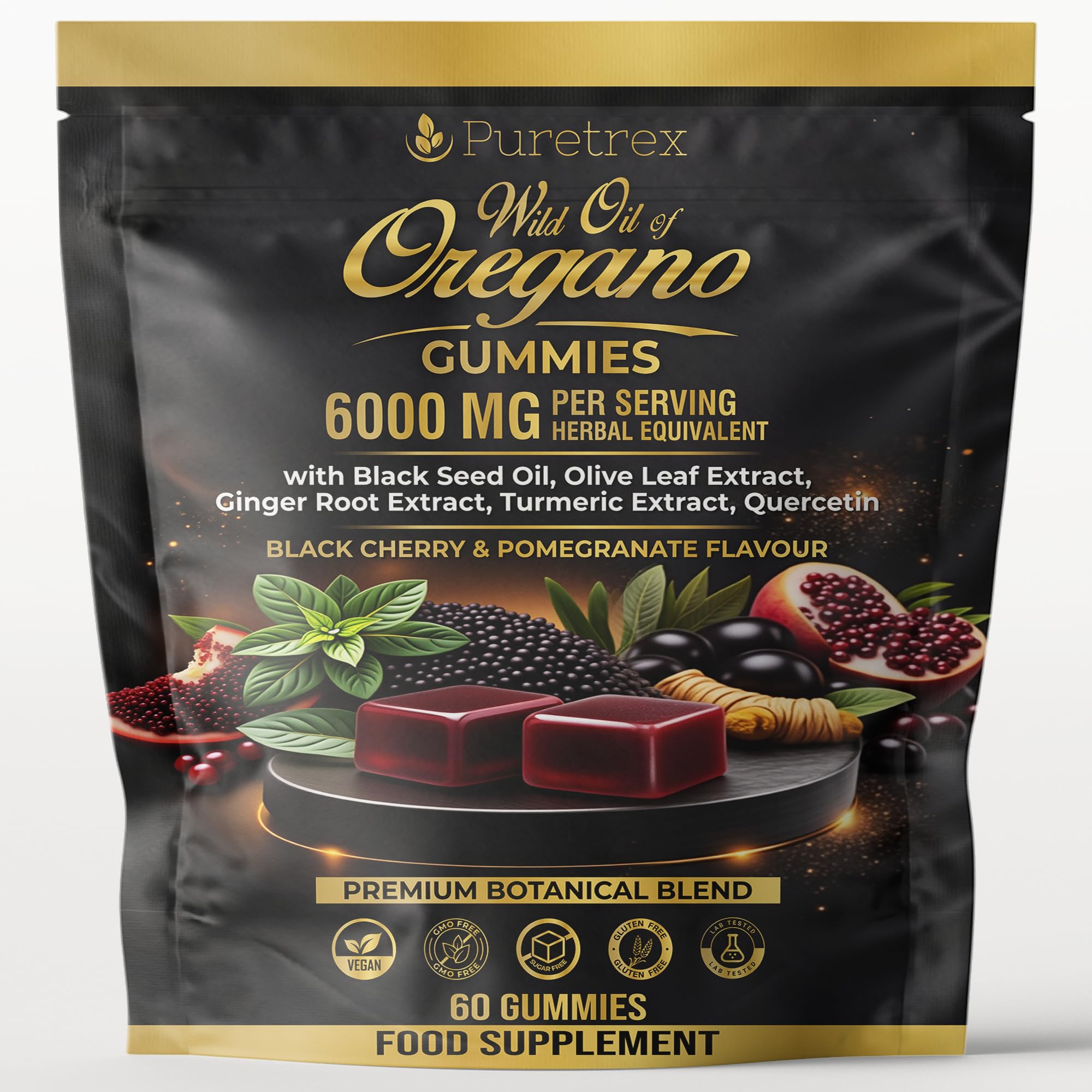 Oregano Oil Gummies 6000mg Herbal Equivalent, with Black Seed Oil, Olive Leaf, Quercetin, Ginger, Turmeric, Vitamin C, Zinc & Black Pepper, Black Cherry & Pomegranate, Sugar Free, Vegan, 60 Gummies