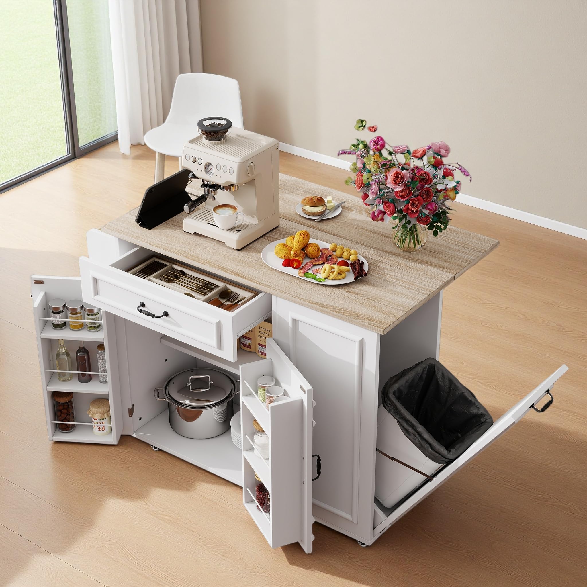 Kücheninsel mit Steckdose – Klappbare Arbeitsplatte ausziehbar zum Esstisch, Küchenwagen mit Schublade & Fächern, auf Rollen, 110x40(70) x90 cm, Weiß