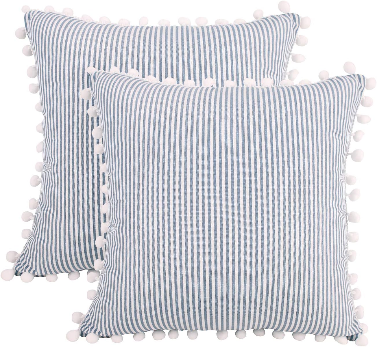 JASEN Navy Blue Pillow Covers Set of 2 Farmhouse Ticking Stripe Decorative Throw Pillowcase with Pom Poms for Couch Sofa 18x 18 Inches
