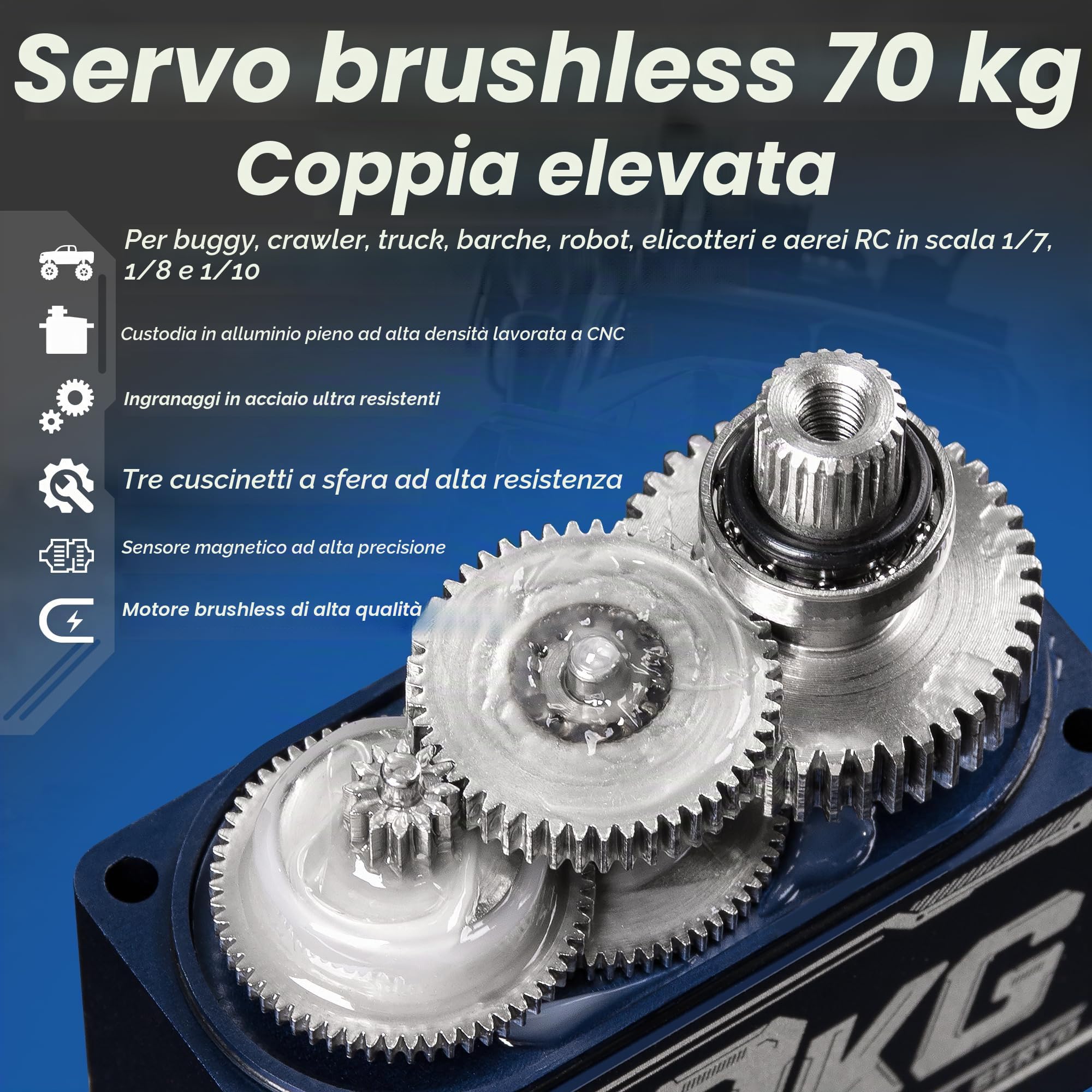Miuzei Servo RC Servo 70 kg 180° Digital servomotore High Torque Metal Gear per 1/10 1/8 1:7 Auto RC Car Boot Aereo Impermeabile 4,8 – 6,0 – 8,4 V CNC Metallo Standard Servo con cavo 25T