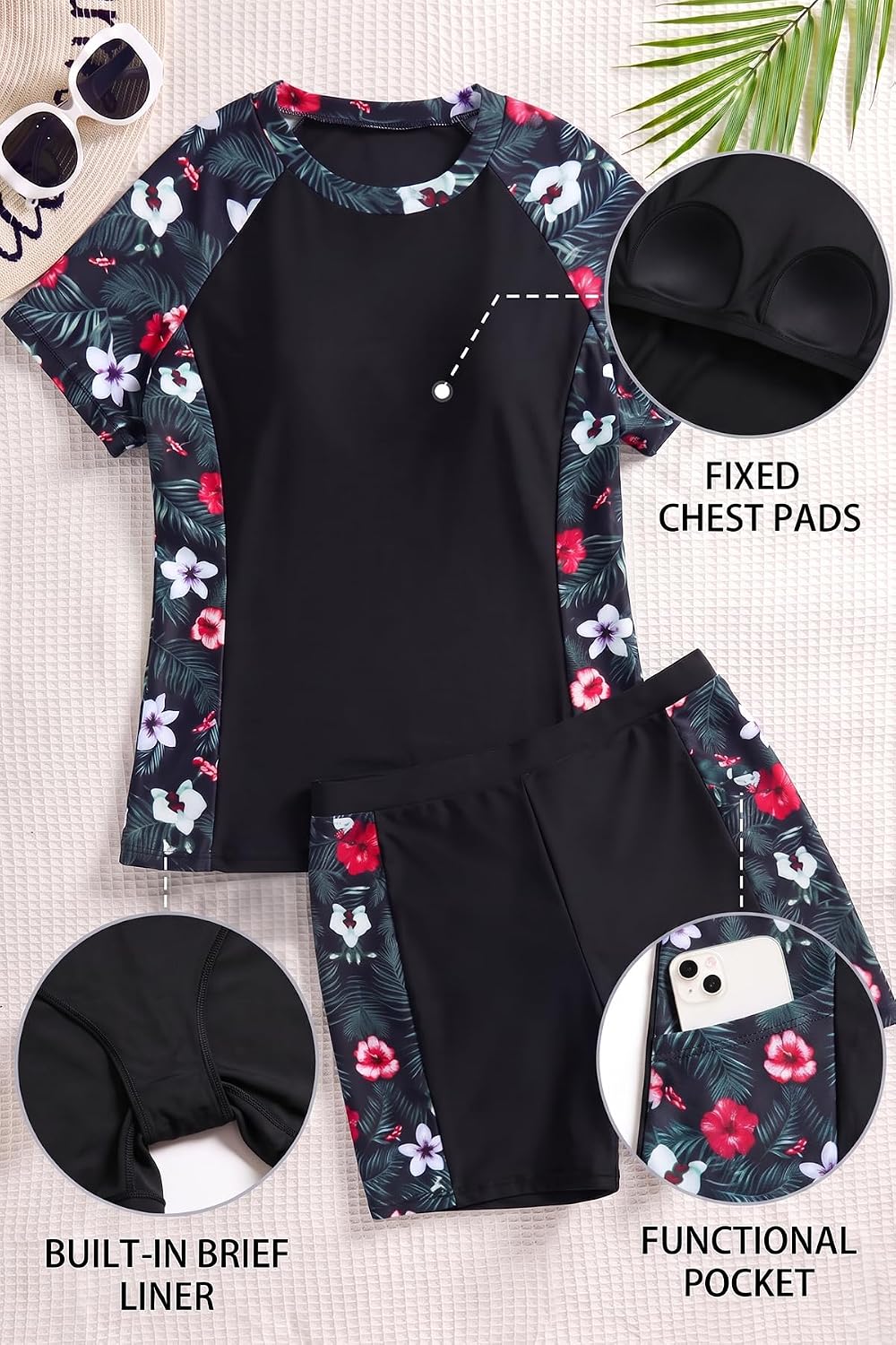 Daci Short Sleeve Rash Guard 2 Piece Swimsuits with Bord Shorts