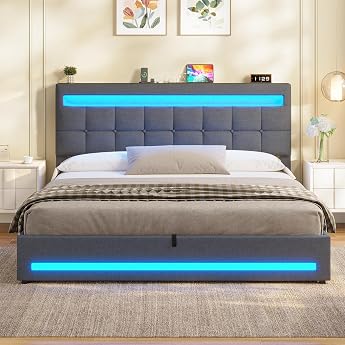 AOGLLATI Upholstered Bed 160 x 200 cm with LED Lighting and Charging Station Bed Frame with Height-Adjustable Headboard and Storage Space Hydraulic Bed 160 x 200 cm Slatted Frame Linen Without Mattress Dark Grey