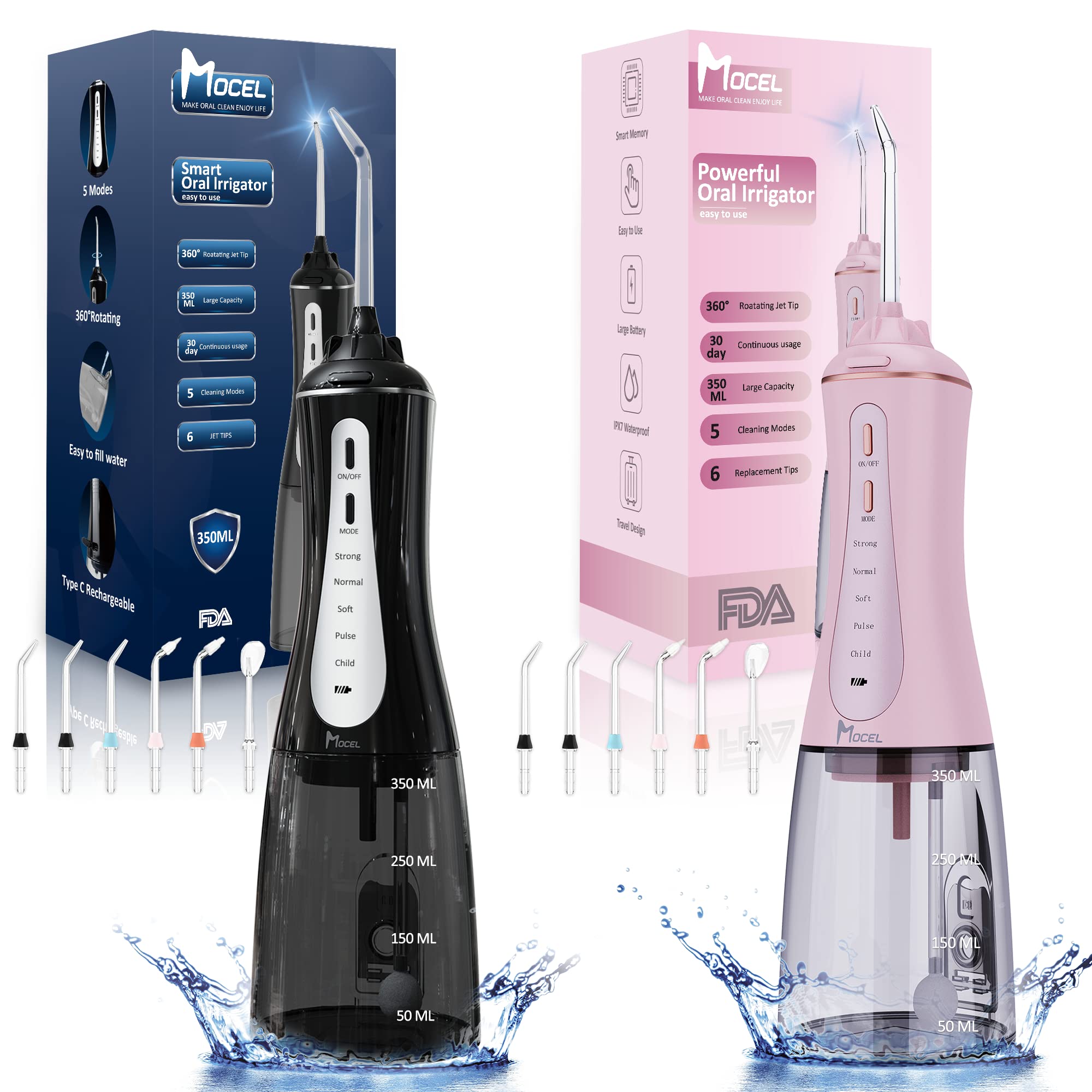 Water Dental Flosser Oral Irrigator with 5 Modes 350ml Cordless Water Teeth Cleaner Pick 6 Tips IPX7 Waterproof