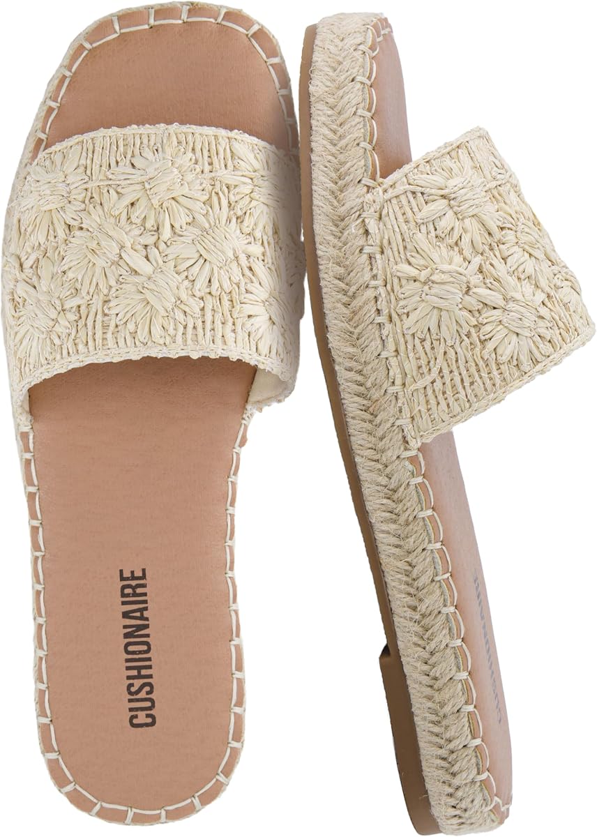 CUSHIONAIRE Sandalias Bolero para Mujer, Chanclas de Rafia Tejida con Suela de Yute, Detalle de Paja Floral y Espuma viscoelástica