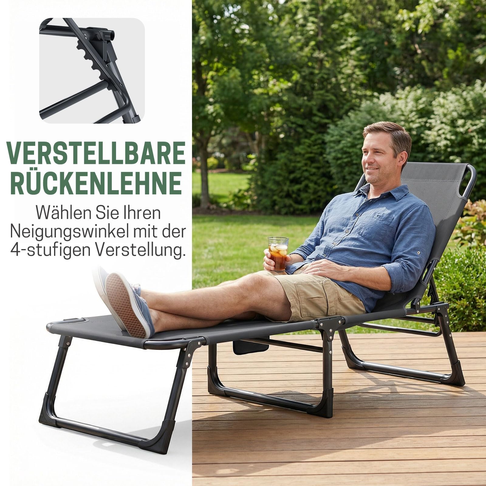 Klappbare Sonnenliege mit Verstellbarer Rückenlehne, Matratze & Kopfkissen - Tragbare Gartenliege für Pool, Terrasse, Camping, Grau