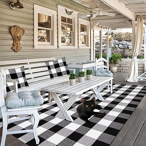 Miniatura 5 de Alfombra a cuadros en blanco y negro de 5.5 x 7.5 pies, alfombra de algodón tejida lavable para interiores y exteriores, comedor, dormitorio, sala