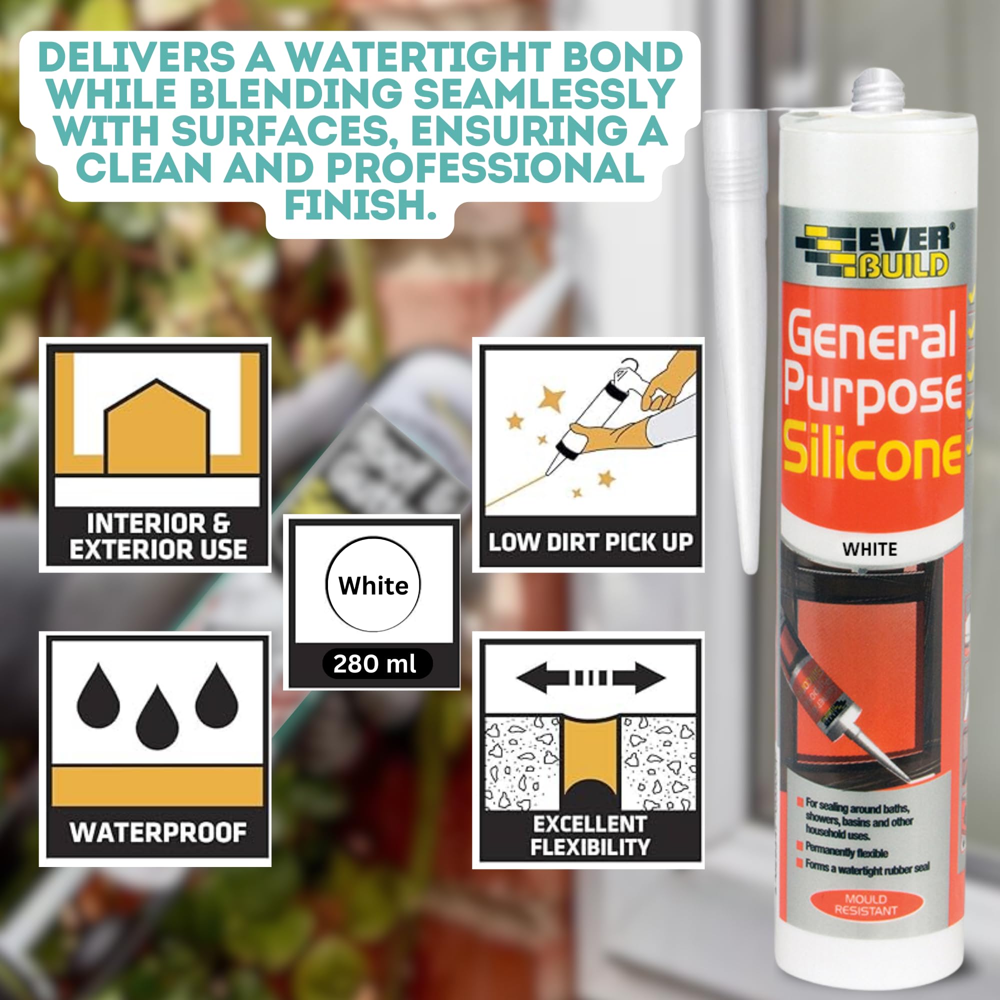 Everbuild General Purpose Silicone Sealant White 280ml, Pro Dec Strong Skeleton Caulking Gun & Microfibre Cloth - Image 3