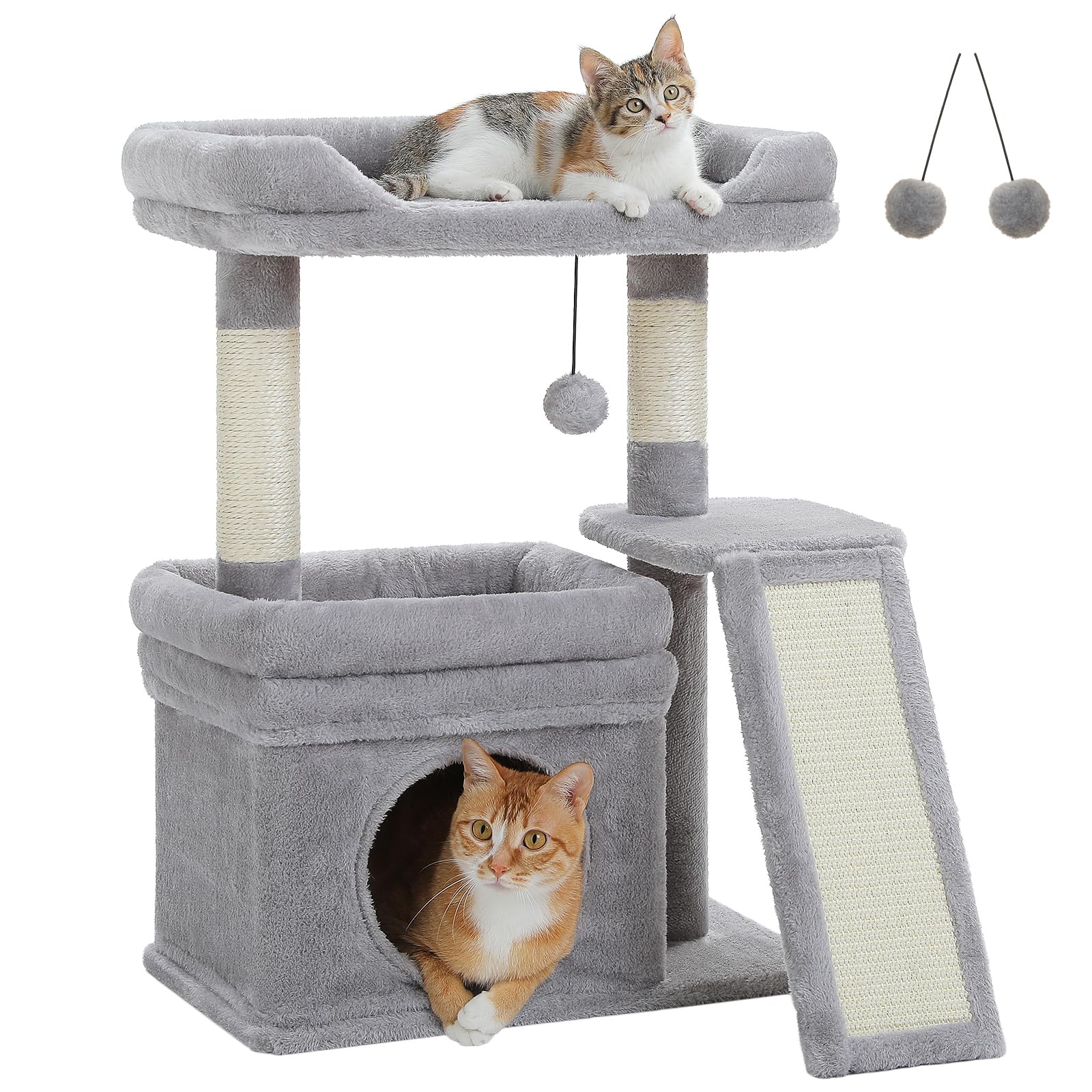 PEQULTI Small Cat Tree Tower for Indoor Cats with Large Perch, Grey