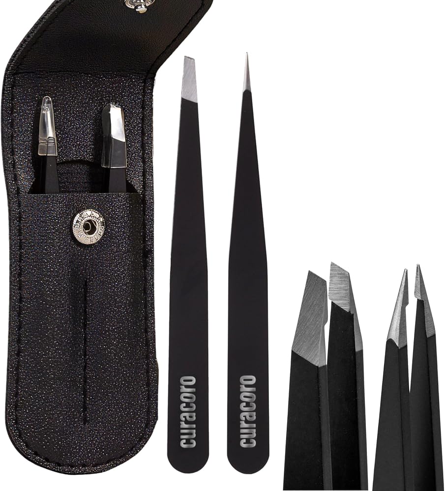 Curacoro Eyebrow Tweezer Set, Slant & Point Tip, Stainless Steel, Black — 사진 1